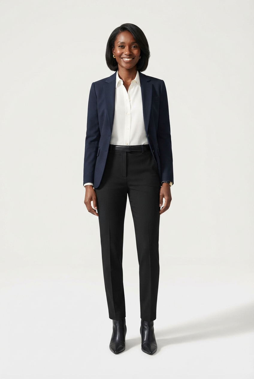 Minimalist black high-waist tailored women's pants full view on model