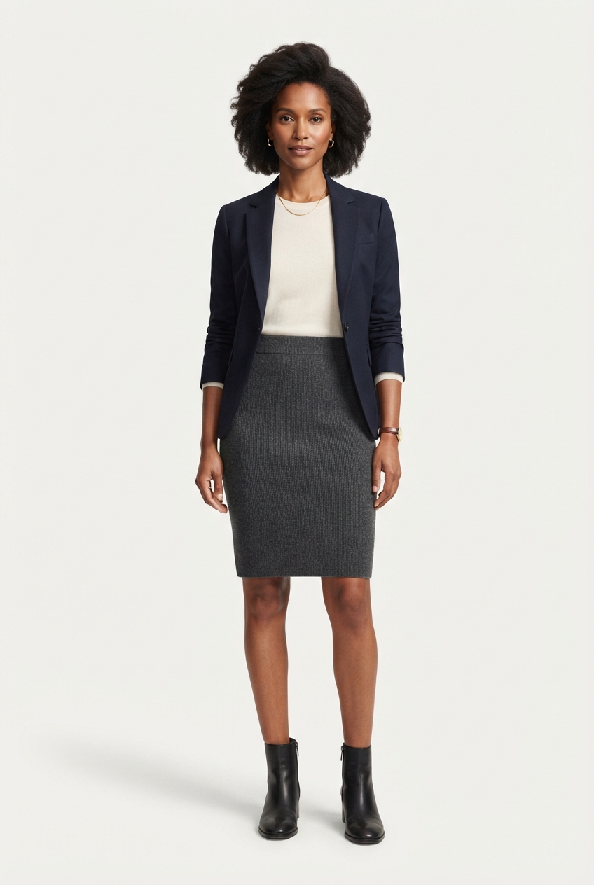 Minimalist dark gray knit pencil skirt full view on model