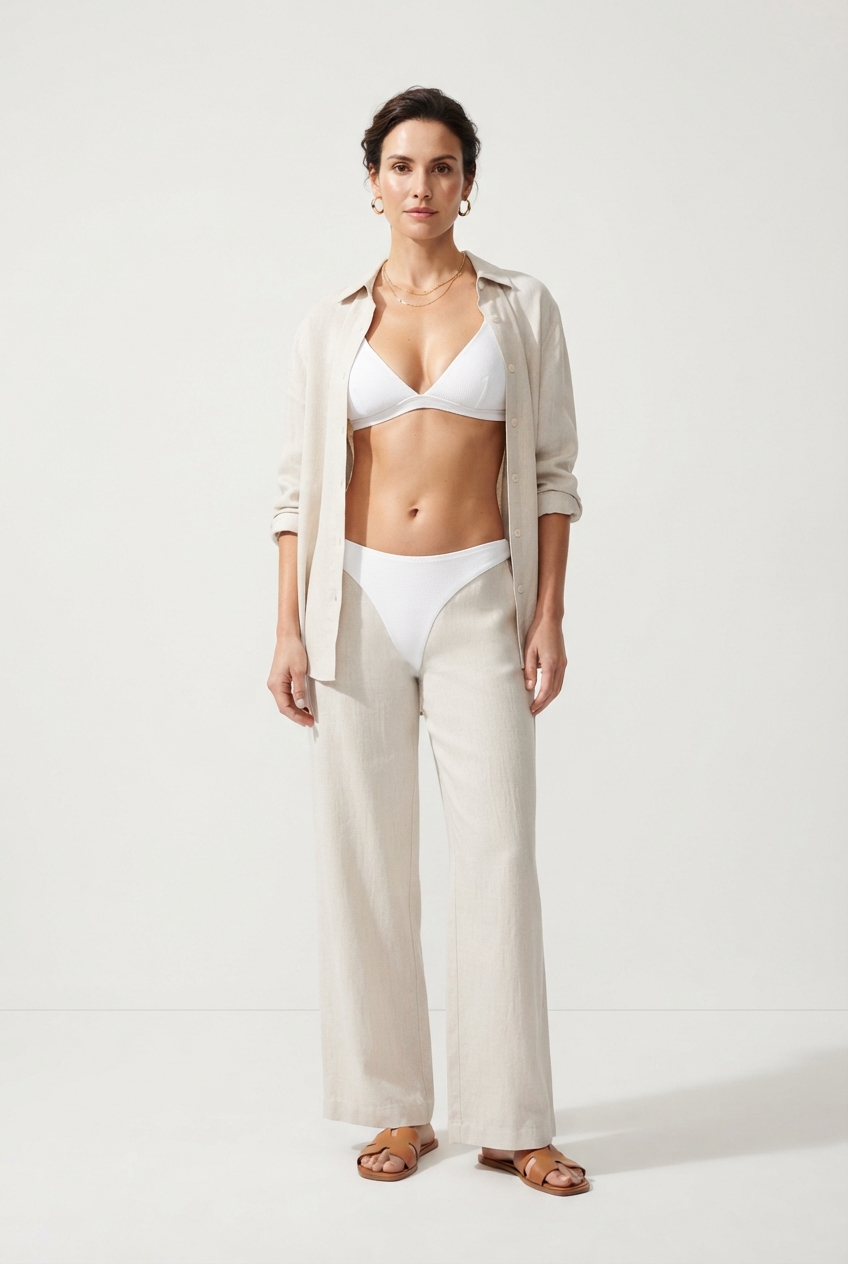 Minimalist white straight-neck bikini set full view on model