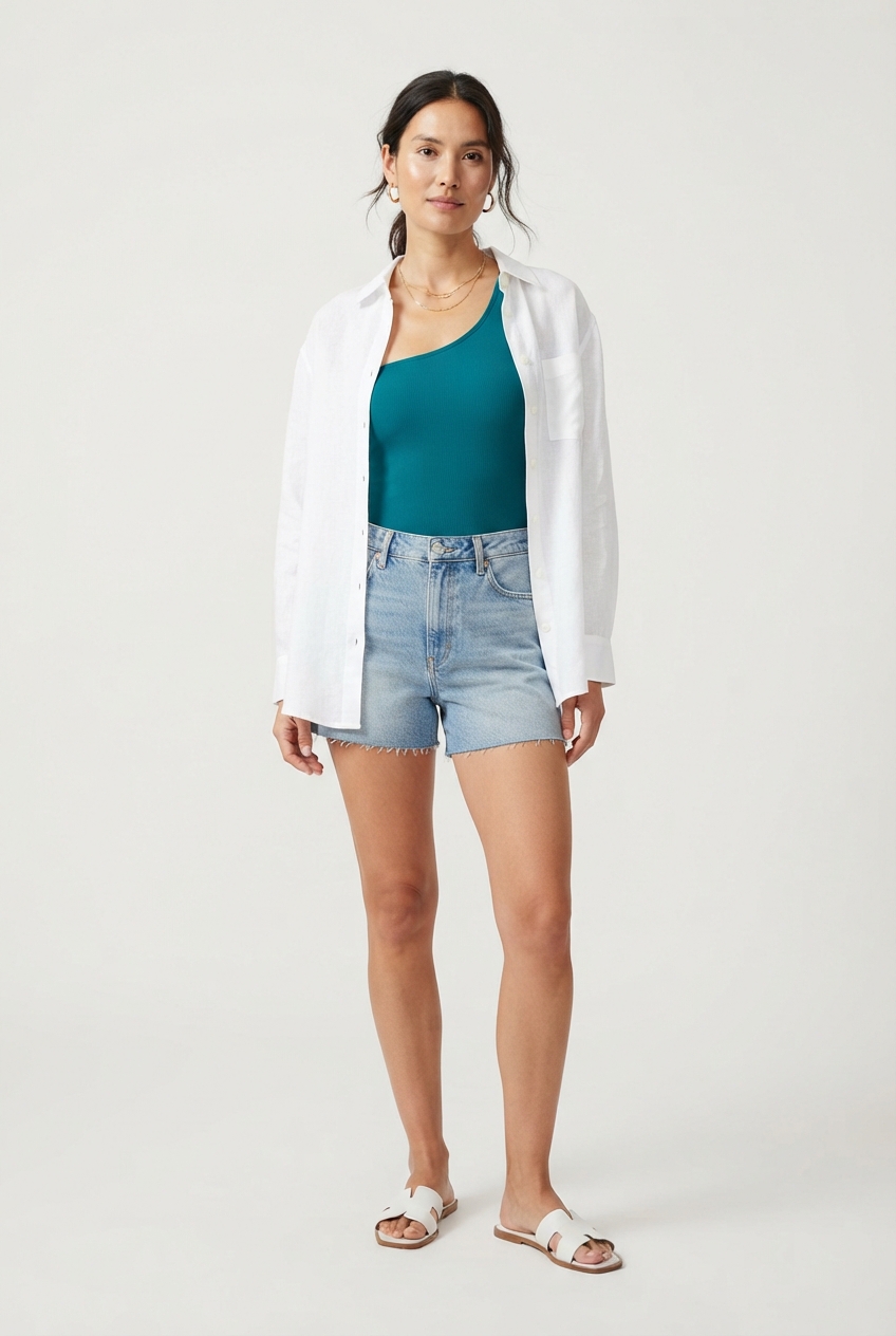 Minimalist teal one-shoulder swimsuit full view on model