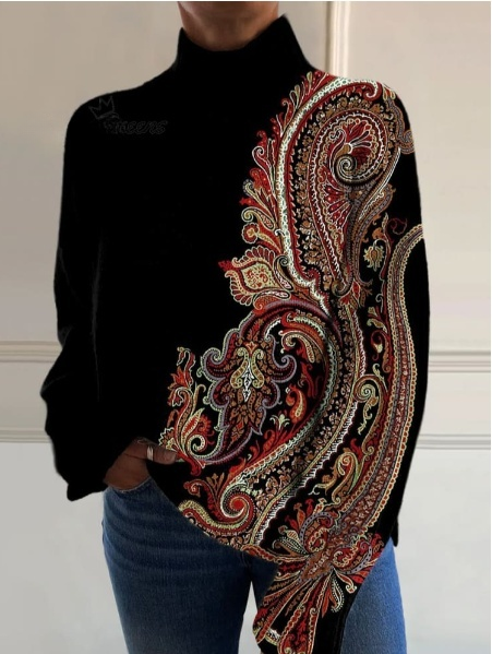 voguevina™ | Retro-Muster Kunstdruck gestrickter Rollkragenpullover