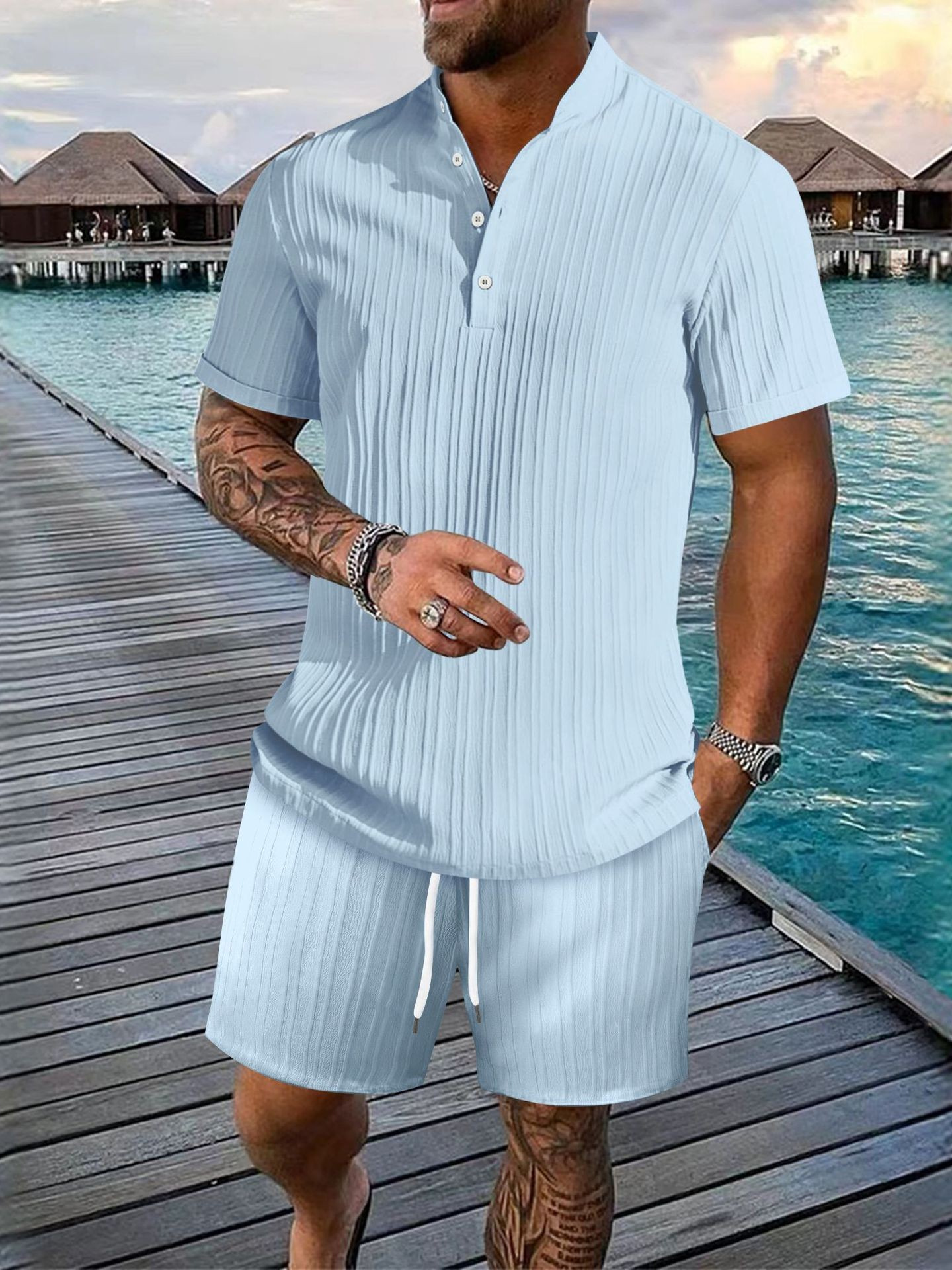 Men 2 Piece Jacquard Knit Lounge Sets Short Sleeve Polo Shirt and Shorts Sets Summer Outfits with Pockets-blumpark