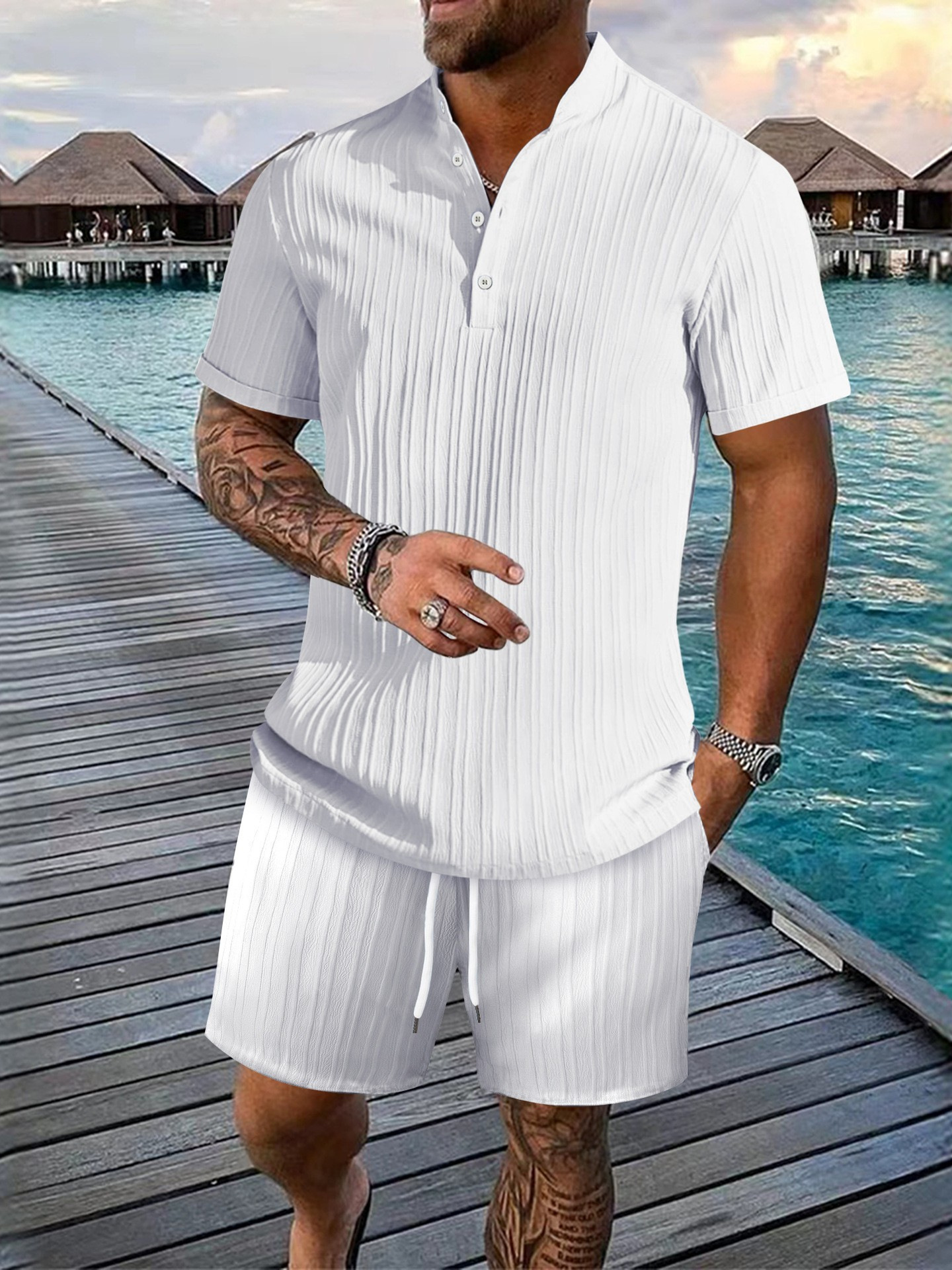 Men 2 Piece Jacquard Knit Lounge Sets Short Sleeve Polo Shirt and Shorts Sets Summer Outfits with Pockets-blumpark