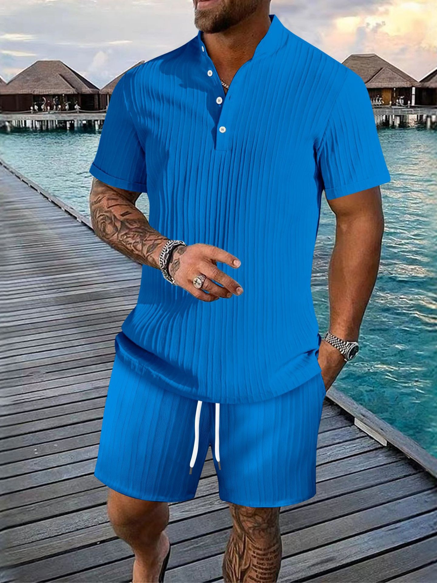 Men 2 Piece Jacquard Knit Lounge Sets Short Sleeve Polo Shirt and Shorts Sets Summer Outfits with Pockets-blumpark