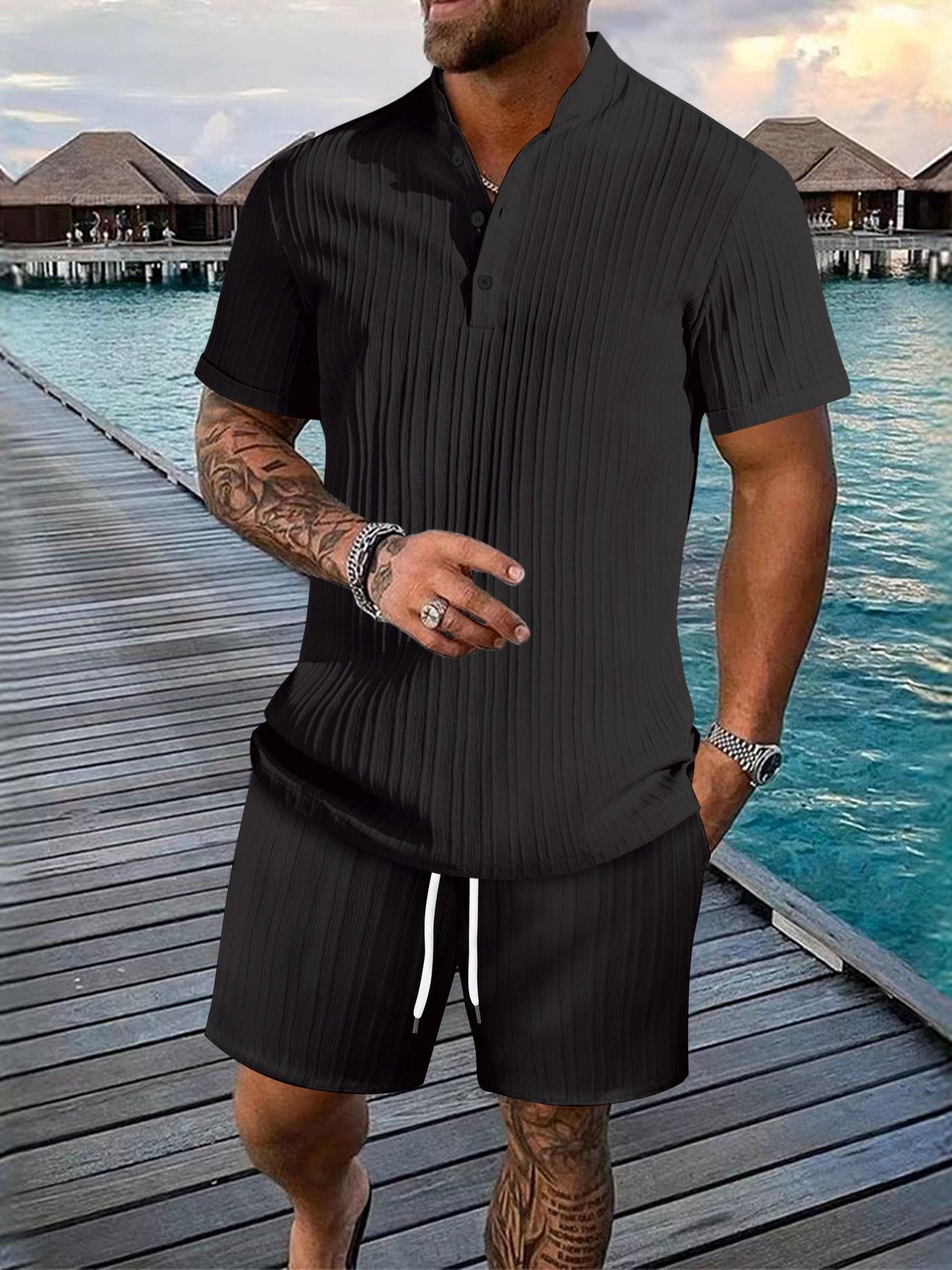 Men 2 Piece Jacquard Knit Lounge Sets Short Sleeve Polo Shirt and Shorts Sets Summer Outfits with Pockets-blumpark