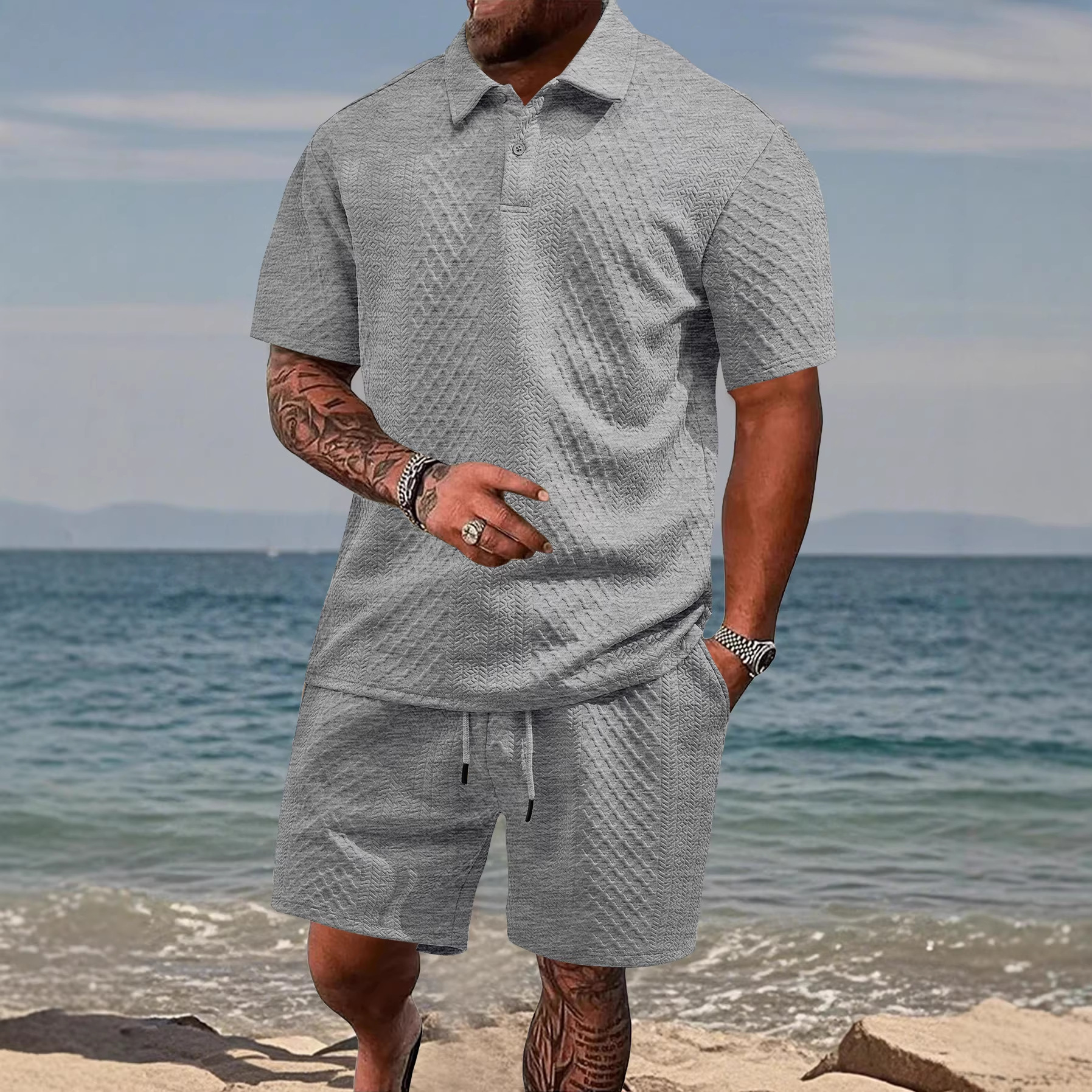 Men's Solid Polo Shirt & Drawstring Waist Shorts Set-blumpark