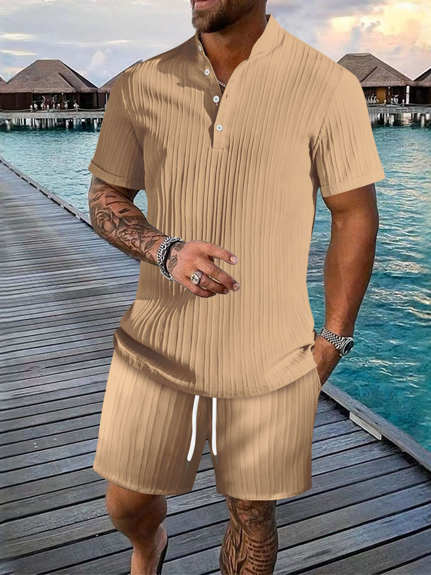 Men 2 Piece Jacquard Knit Lounge Sets Short Sleeve Polo Shirt and Shorts Sets Summer Outfits with Pockets-blumpark