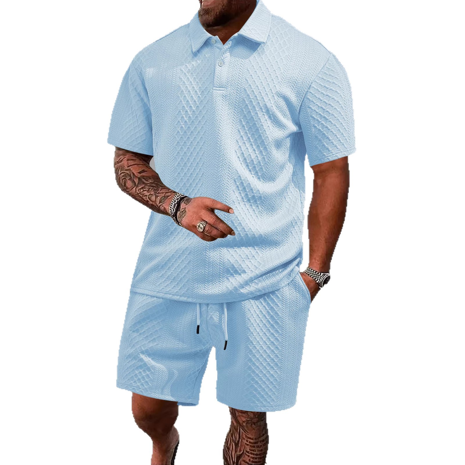 Men's Solid Polo Shirt & Drawstring Waist Shorts Set-blumpark