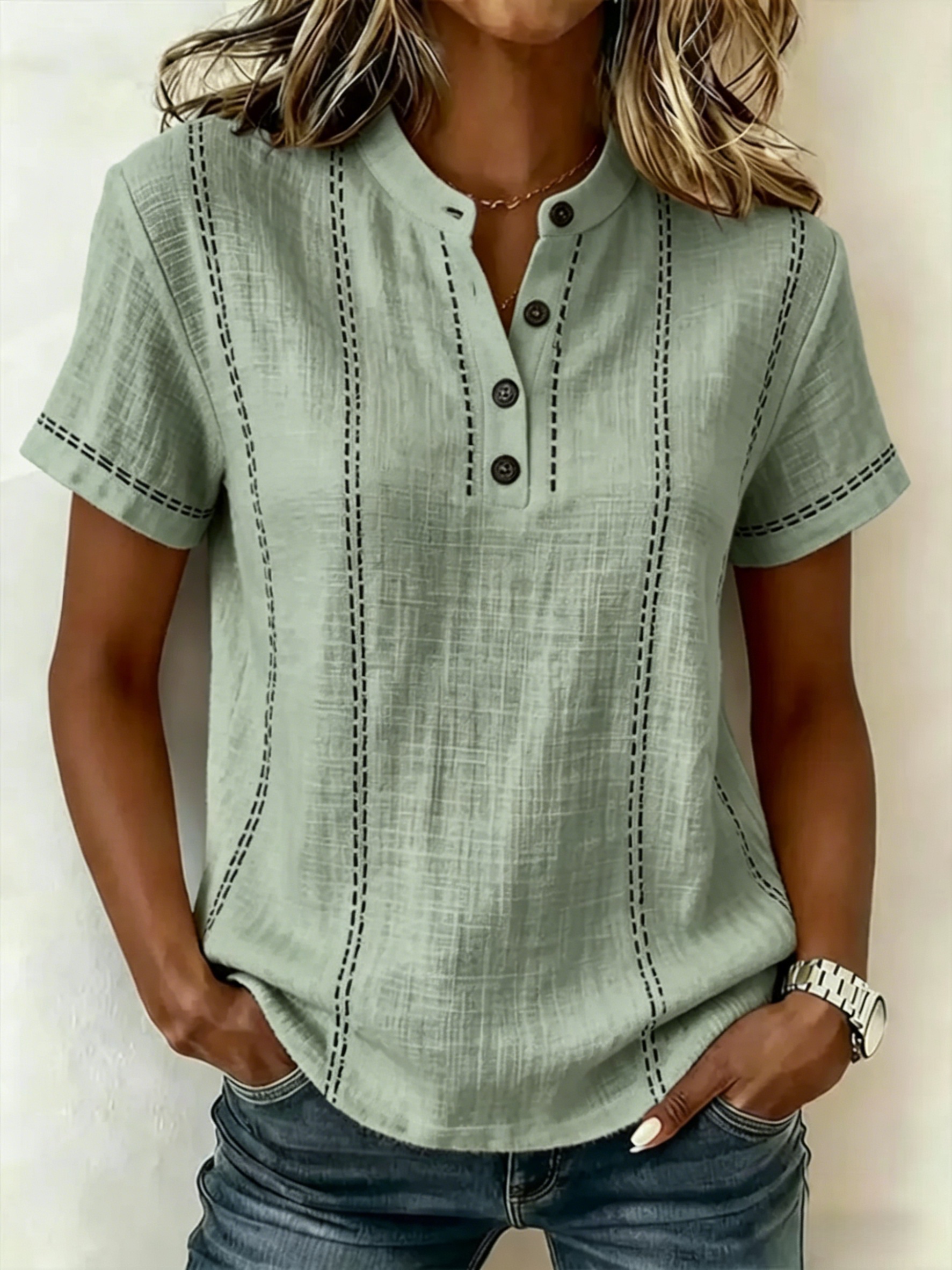 Women's V-neck Short-sleeve Casual Loose Cotton-linen Top-blumpark