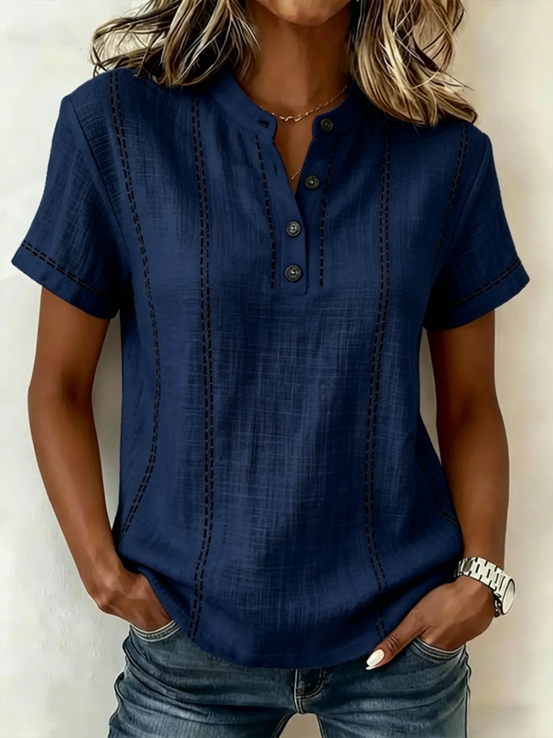 Women's V-neck Short-sleeve Casual Loose Cotton-linen Top-blumpark