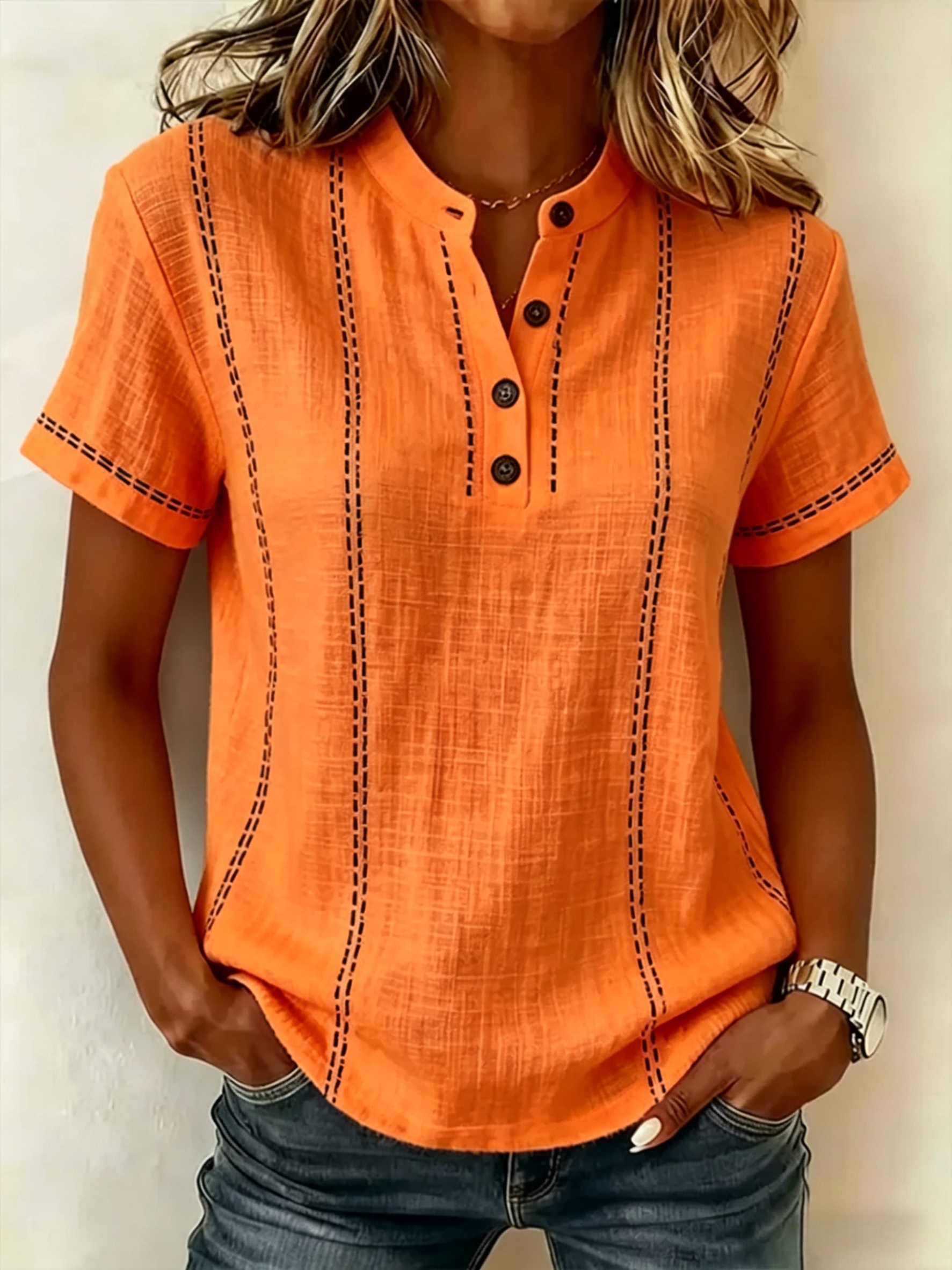 Women's V-neck Short-sleeve Casual Loose Cotton-linen Top-blumpark