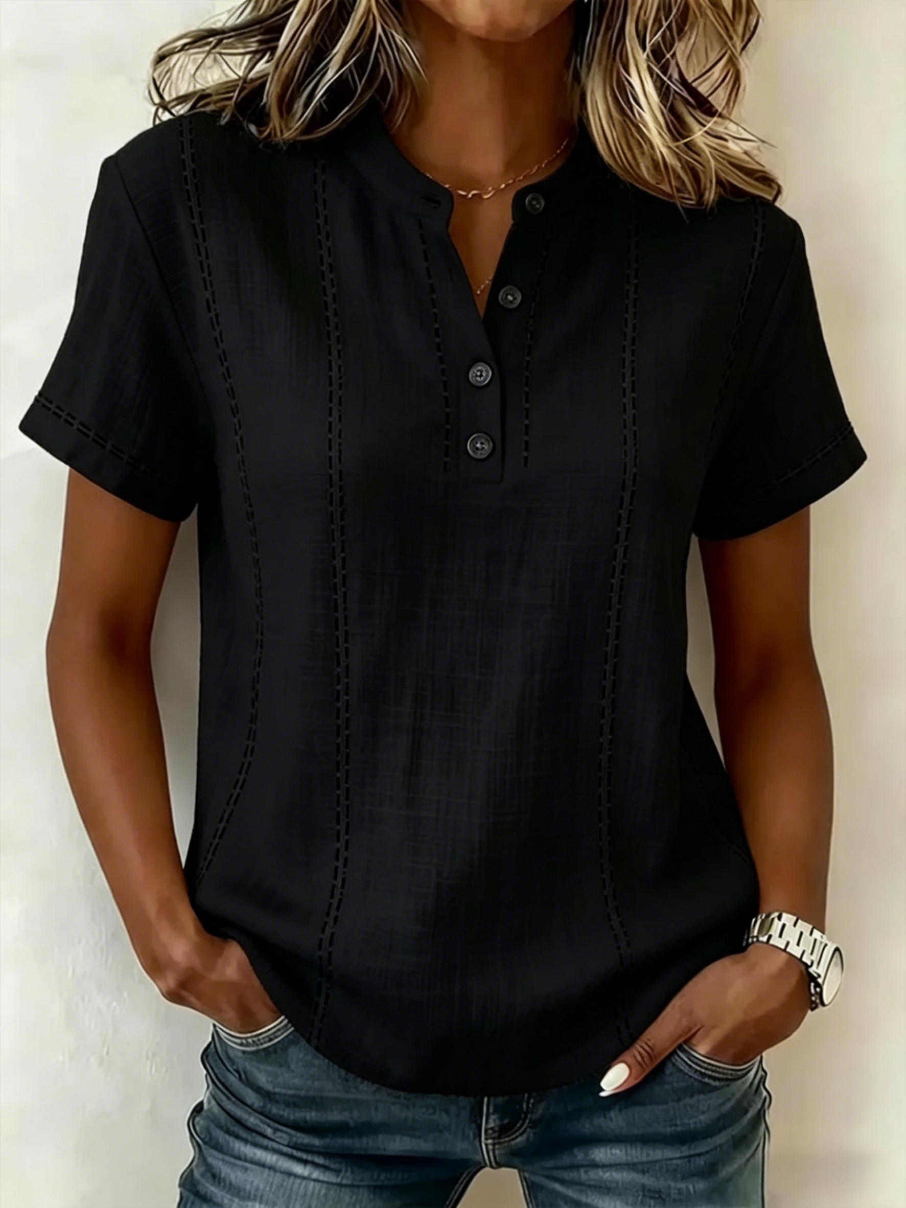 Women's V-neck Short-sleeve Casual Loose Cotton-linen Top-blumpark