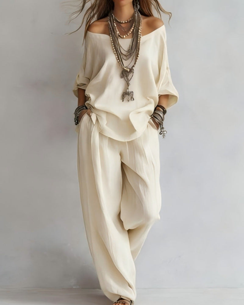 Summer Linen Set Relaxed Fit Top & Wide-Leg Pants Effortless Casual Wear-blumpark