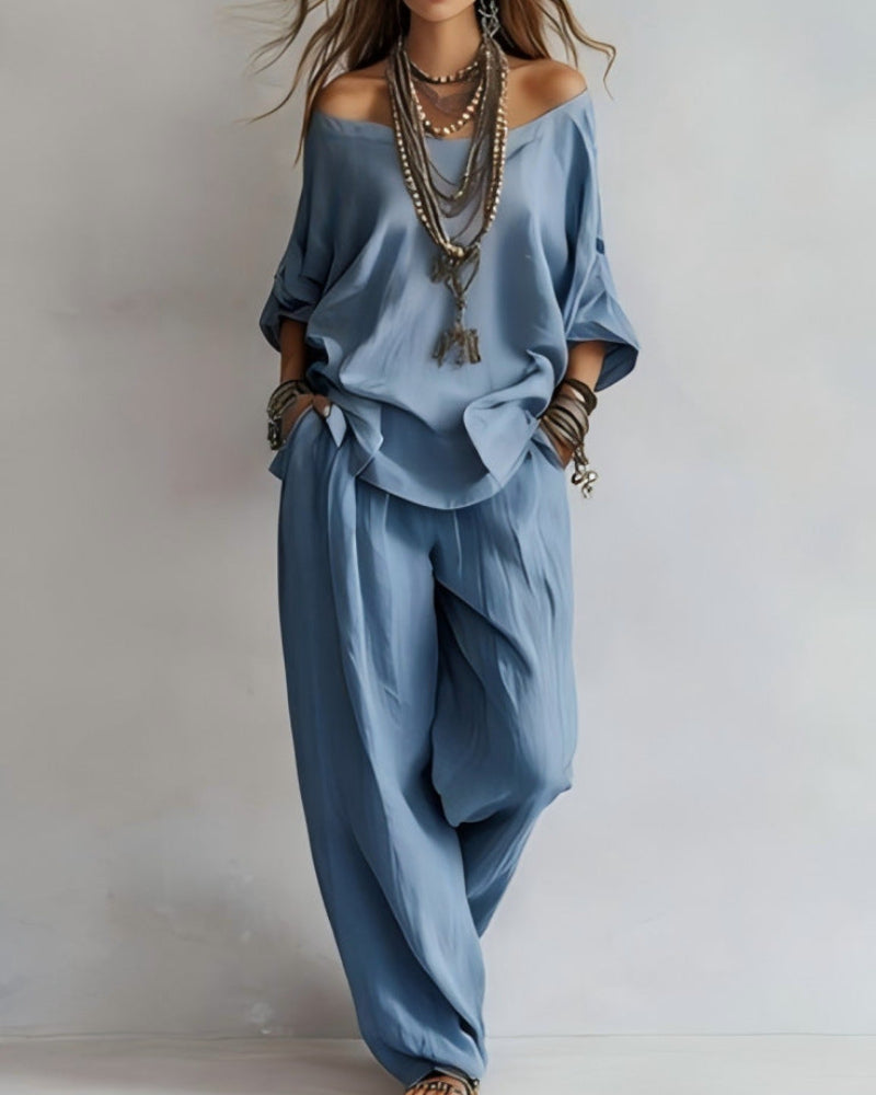 Summer Linen Set Relaxed Fit Top & Wide-Leg Pants Effortless Casual Wear-blumpark