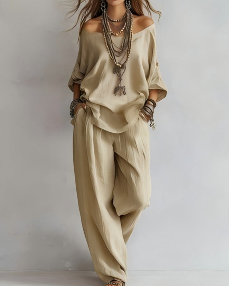 Summer Linen Set Relaxed Fit Top & Wide-Leg Pants Effortless Casual Wear-blumpark