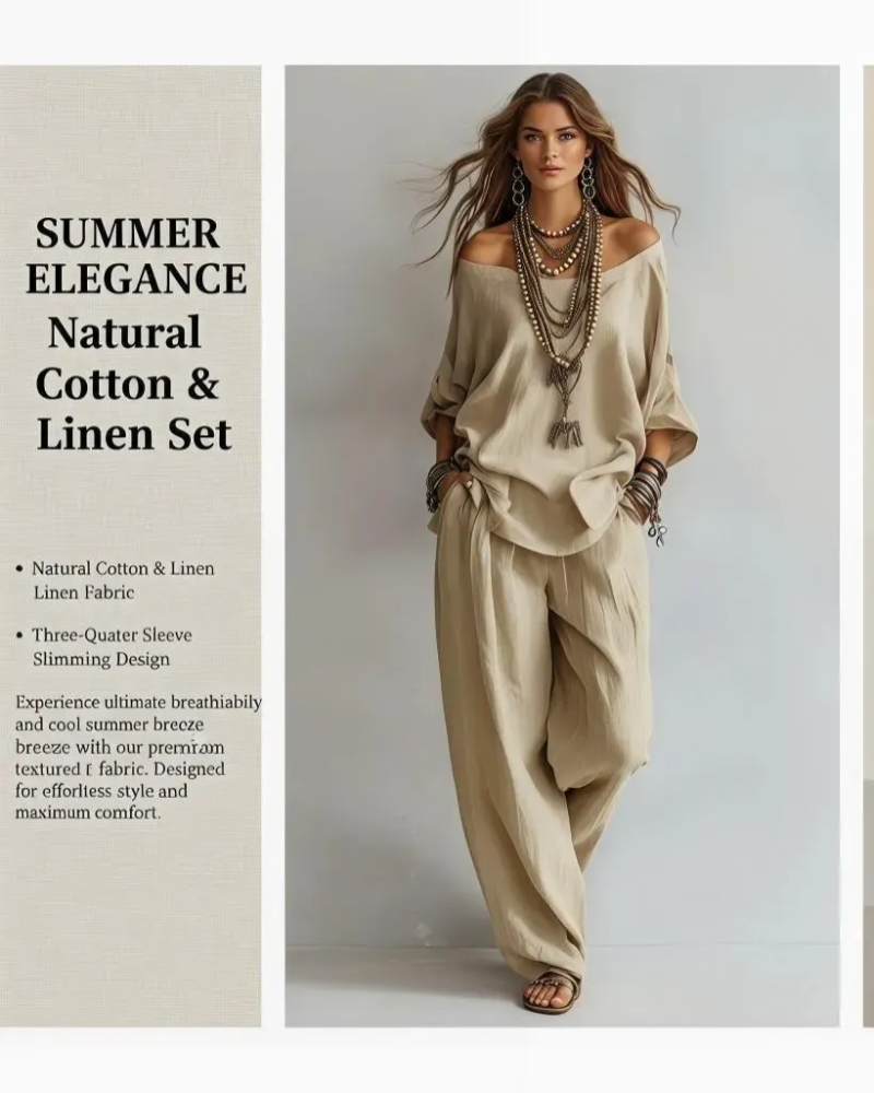 Summer Linen Set Relaxed Fit Top & Wide-Leg Pants Effortless Casual Wear-blumpark