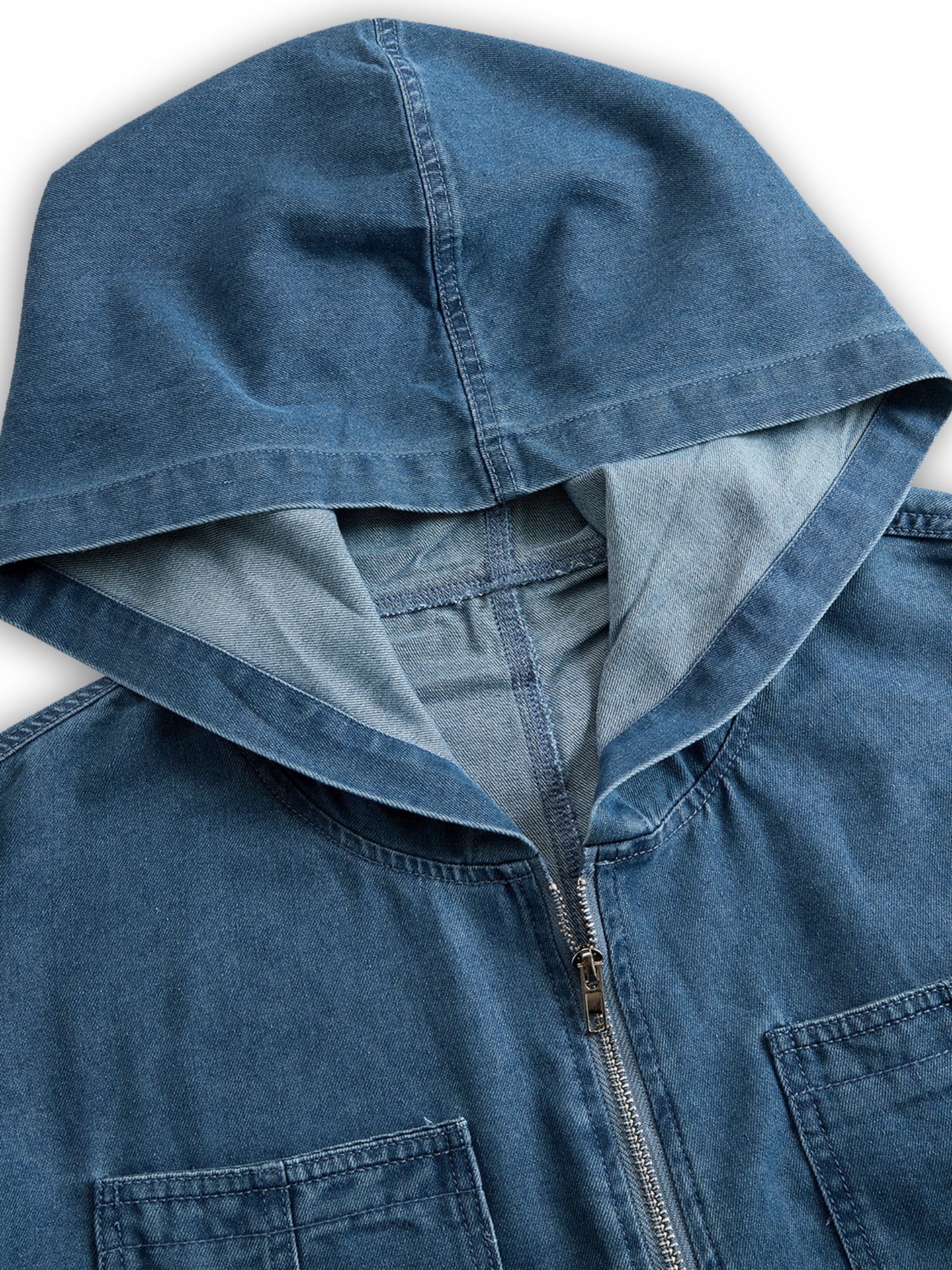 Casual Loose Retro Pocket Long Sleeve Hooded Zipper Denim Jumpsuit-blumpark