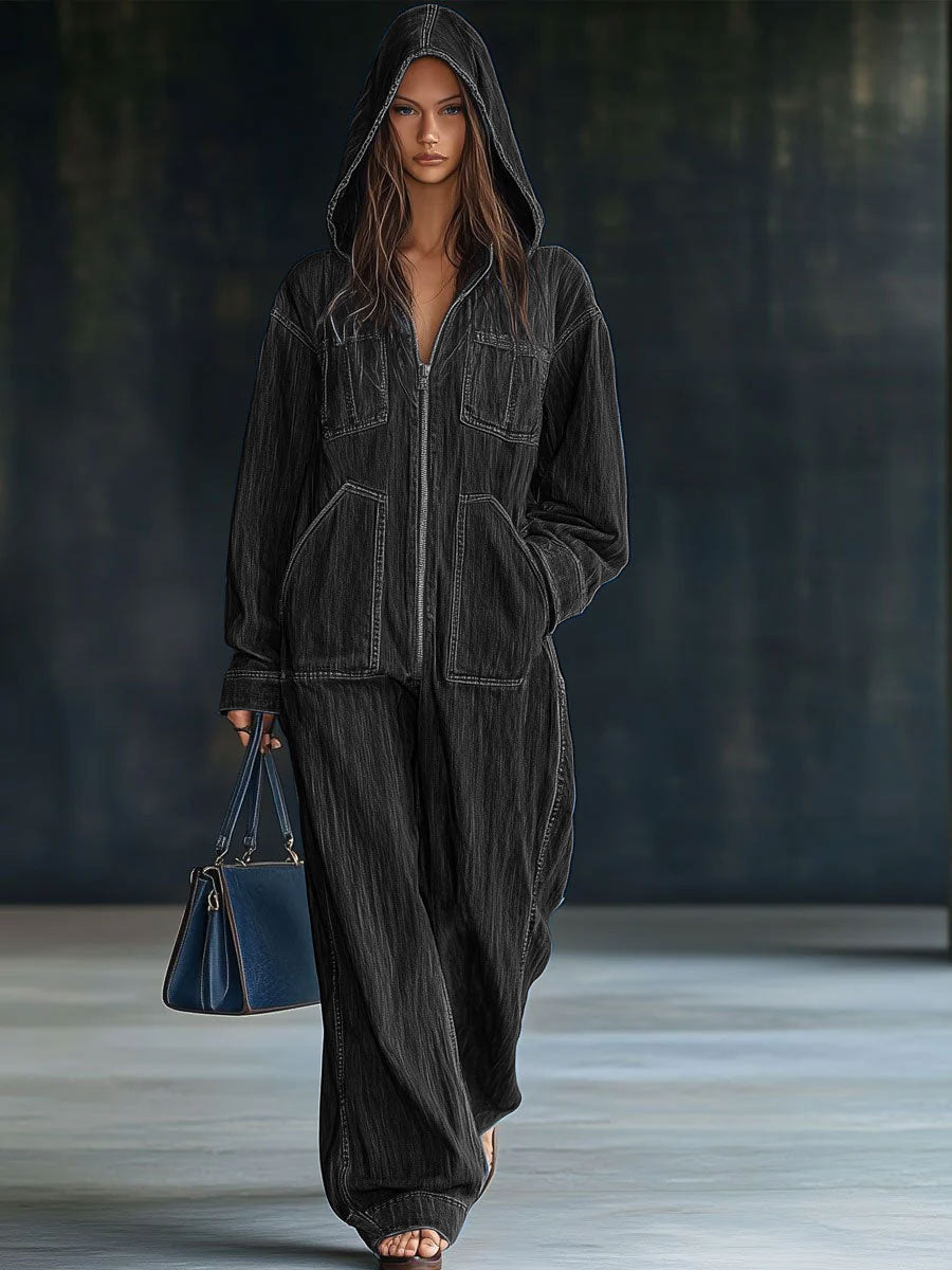 Casual Loose Retro Pocket Long Sleeve Hooded Zipper Denim Jumpsuit-blumpark