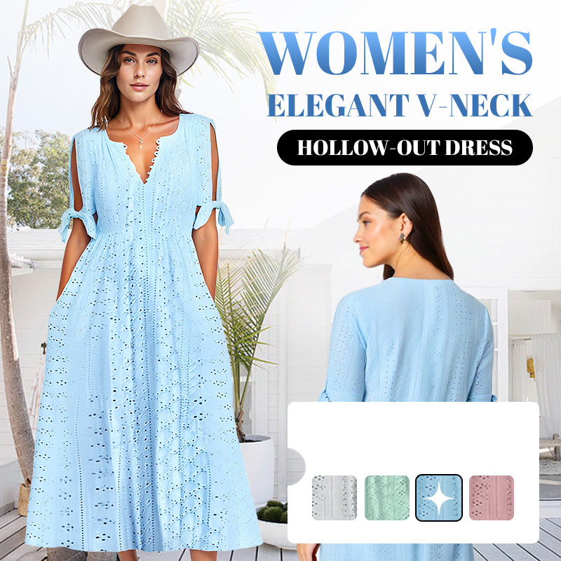 ⏰Last Day Sale 50% Off💃Women's Elegant V-Neck Hollow-Out Solid Dress-blumpark