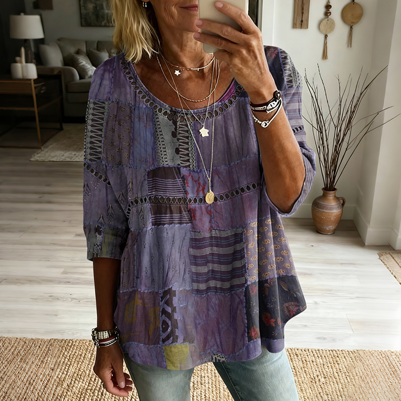 Women's Vintage Patchwork Art Print Flowy Linen Blend Casual Tops-blumpark