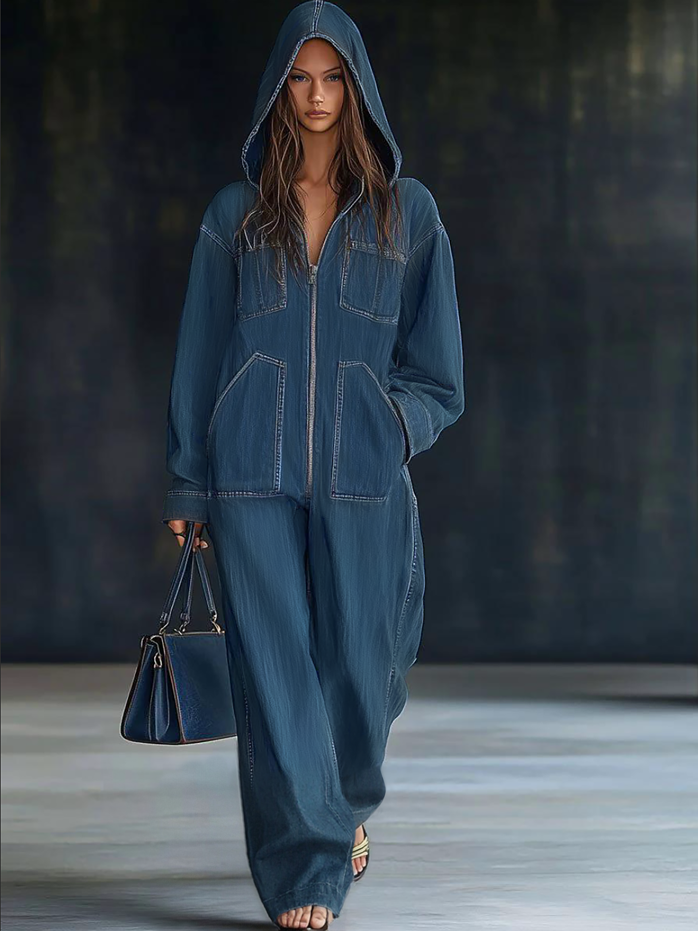Casual Loose Retro Pocket Long Sleeve Hooded Zipper Denim Jumpsuit-blumpark