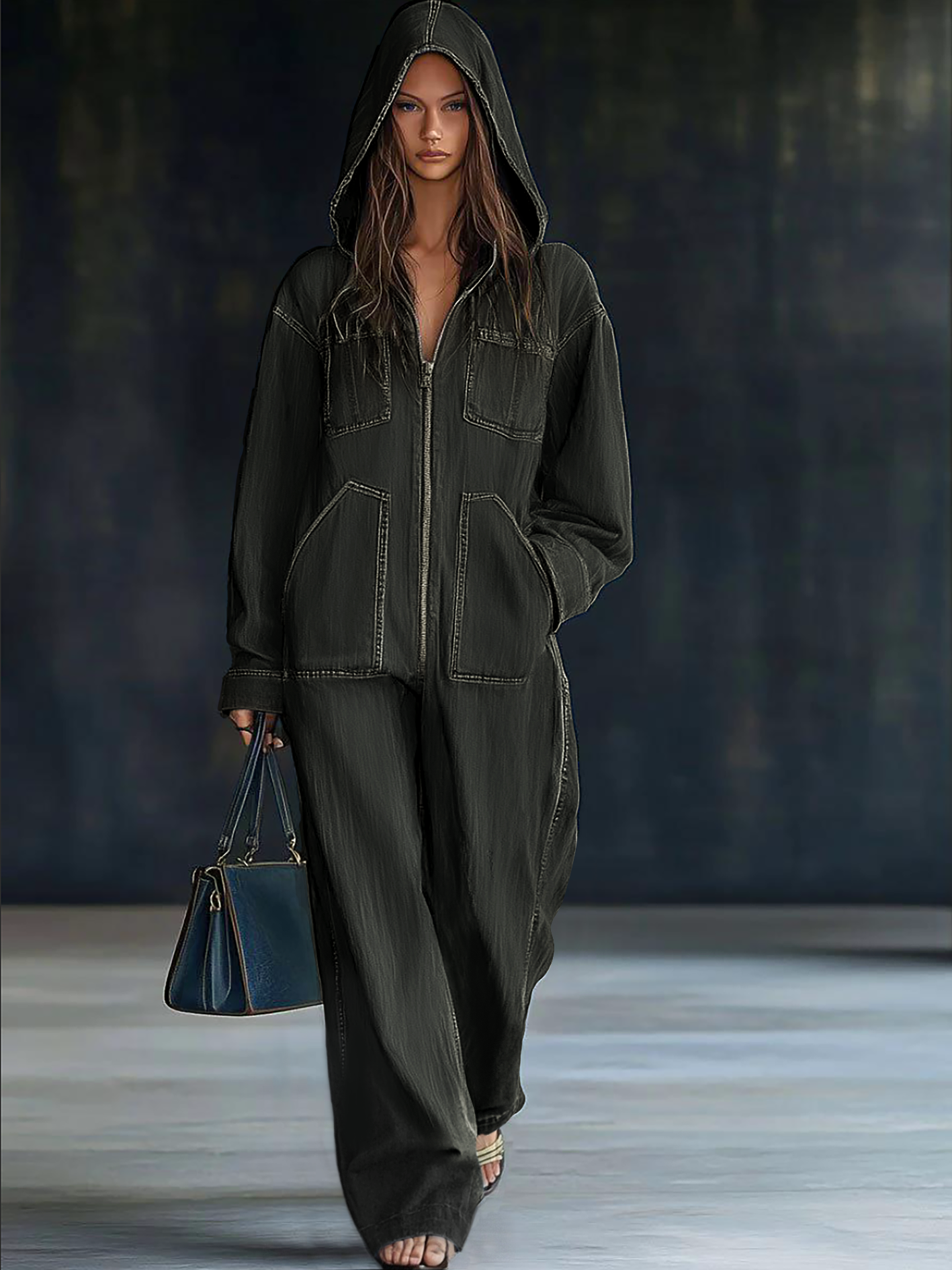 Casual Loose Retro Pocket Long Sleeve Hooded Zipper Denim Jumpsuit-blumpark