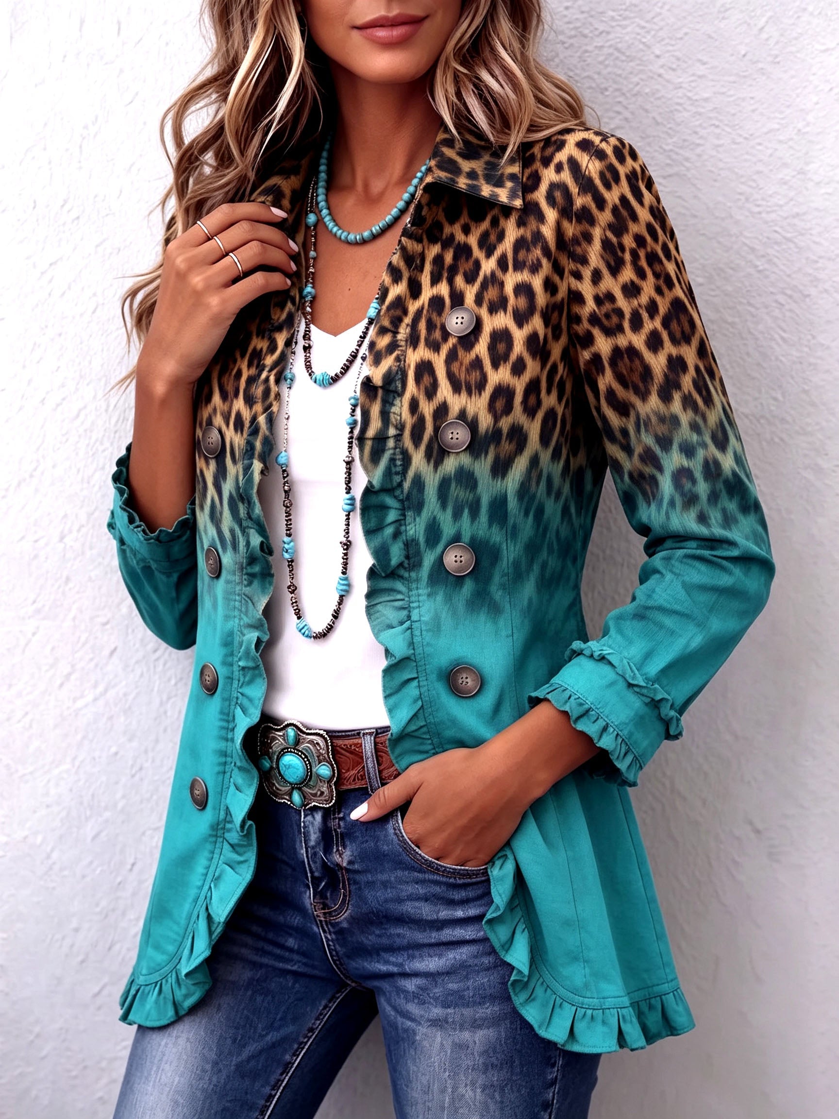 🤲LAST DAY SAVE 49% ⏰Bold Boho Leopard & Teal Ruffle Blazer Jacket-blumpark