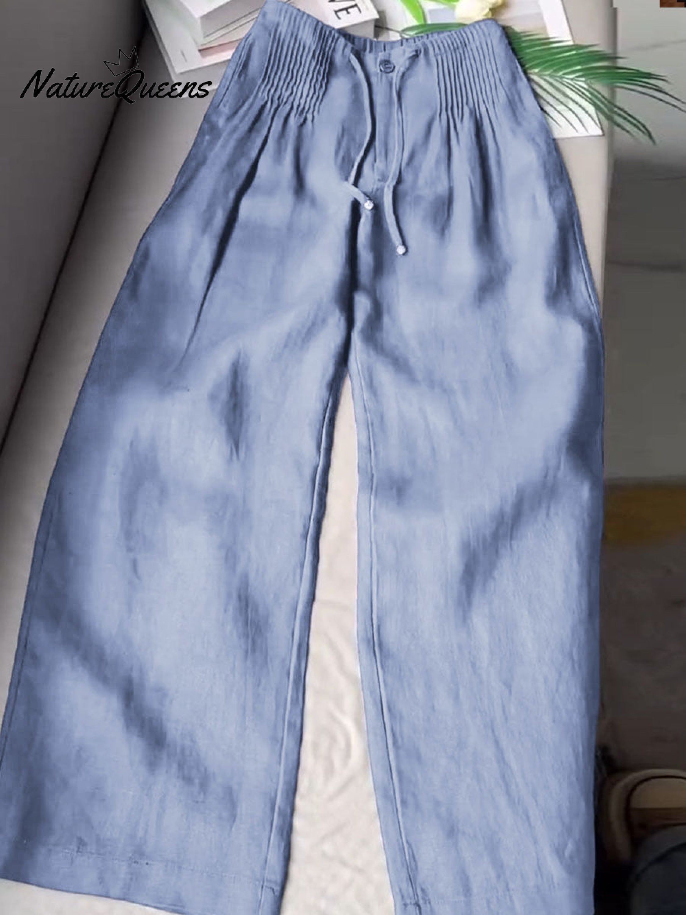 🔥Limited time promotion Women's Solid Color Pleated Drawstring Casual Cotton and Linen Wide Leg Pants-blumpark