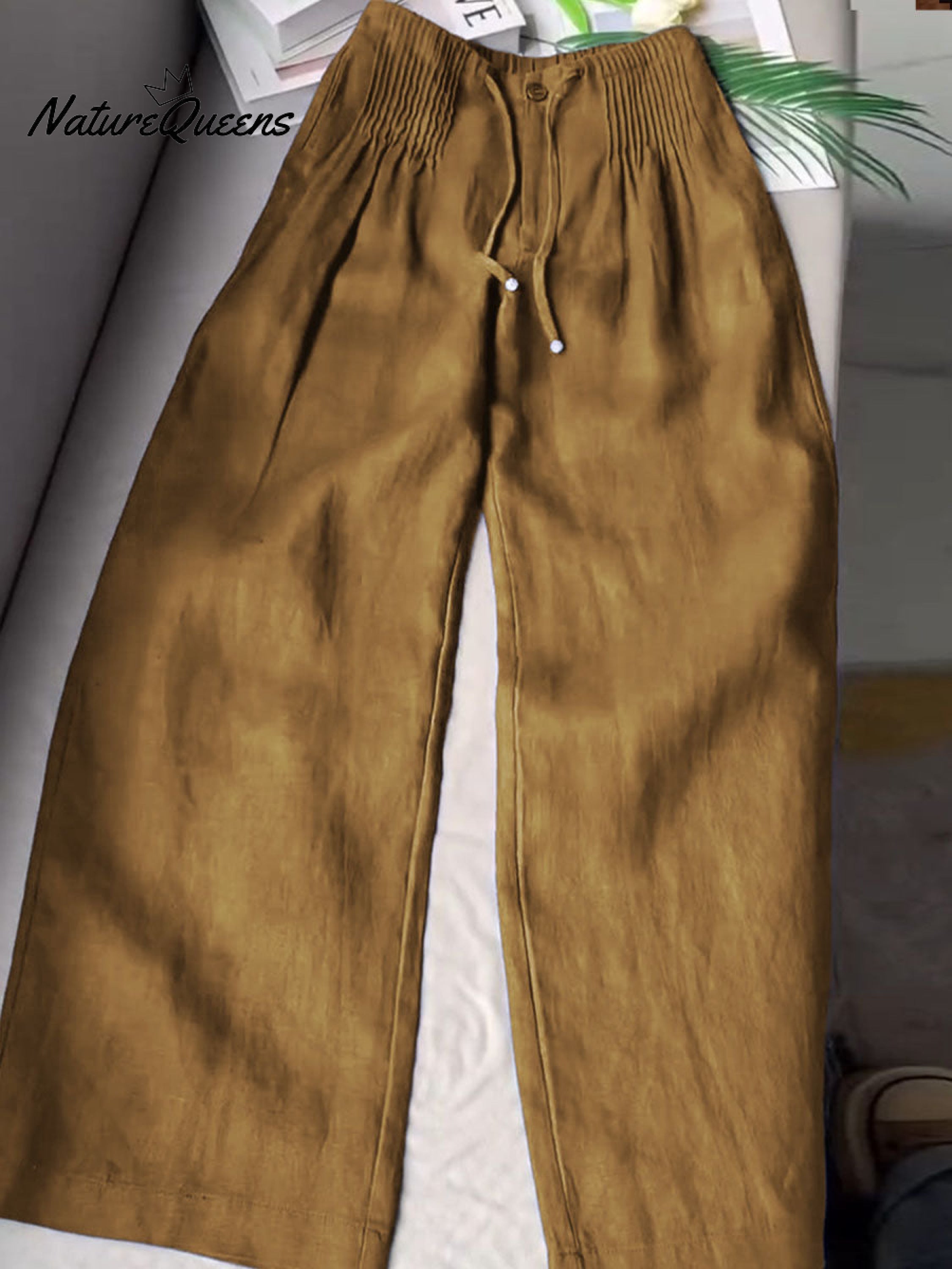 🔥Limited time promotion Women's Solid Color Pleated Drawstring Casual Cotton and Linen Wide Leg Pants-blumpark