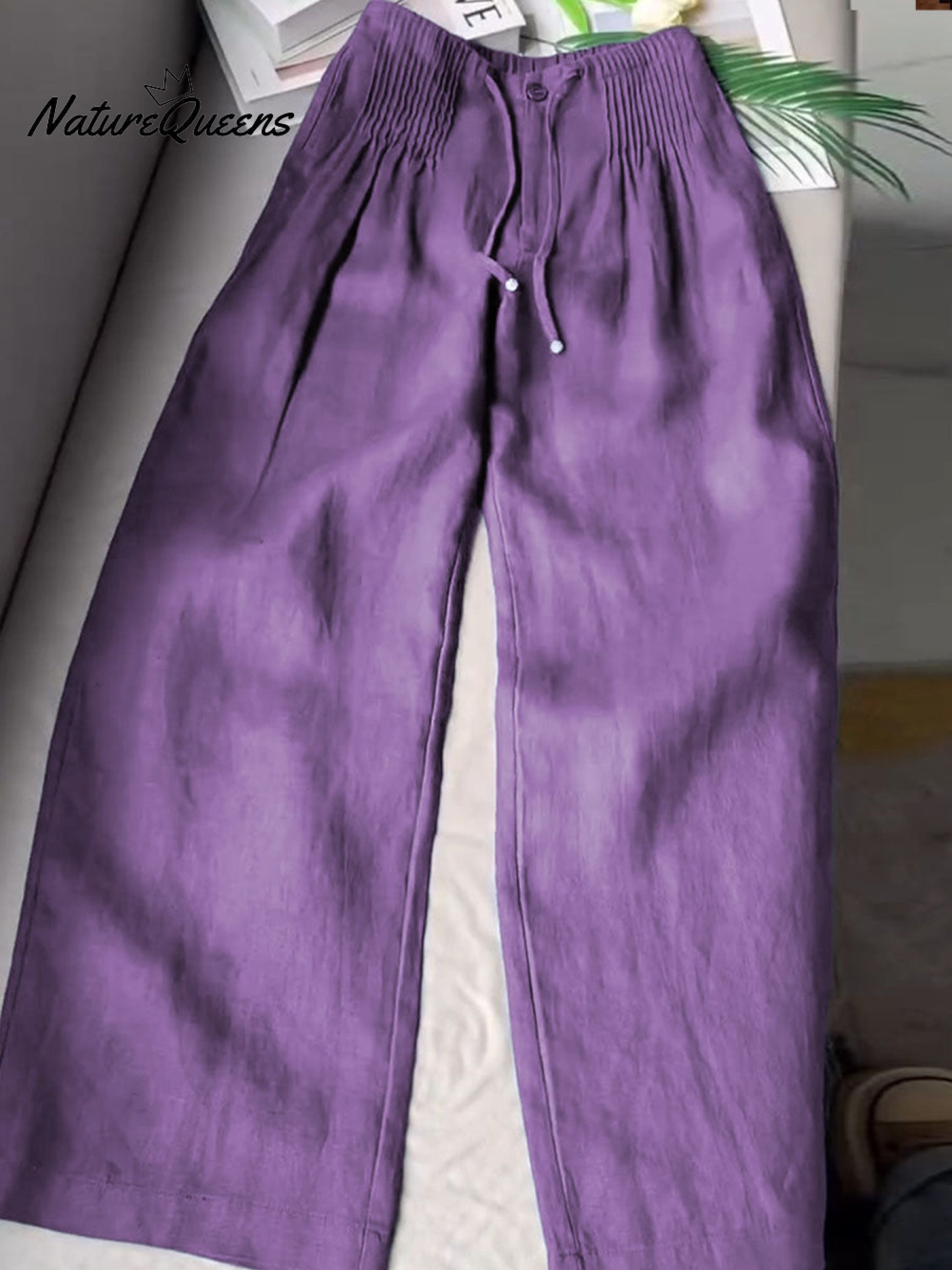 🔥Limited time promotion Women's Solid Color Pleated Drawstring Casual Cotton and Linen Wide Leg Pants-blumpark
