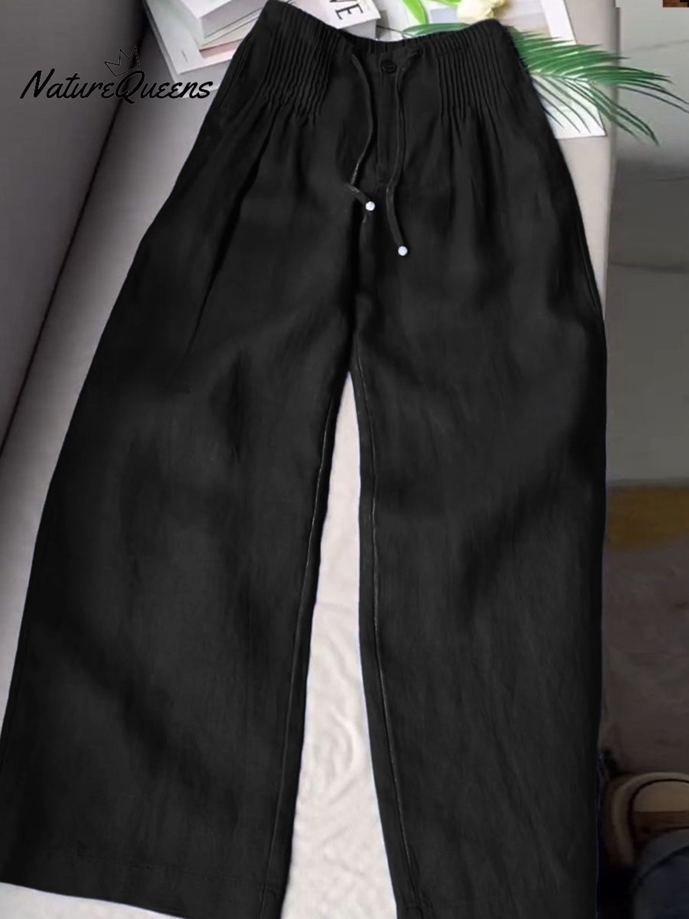 🔥Limited time promotion Women's Solid Color Pleated Drawstring Casual Cotton and Linen Wide Leg Pants-blumpark