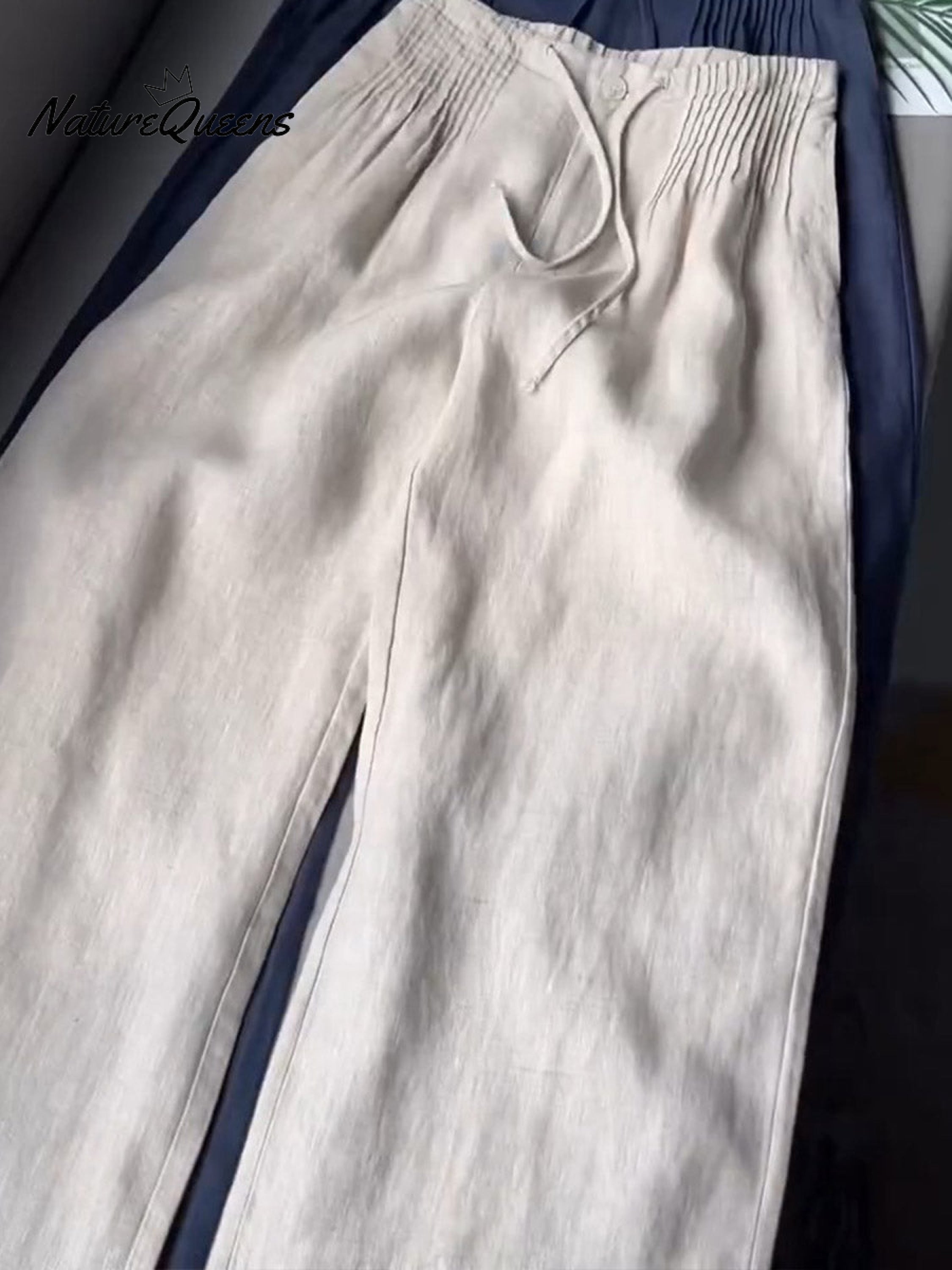 🔥Limited time promotion Women's Solid Color Pleated Drawstring Casual Cotton and Linen Wide Leg Pants-blumpark