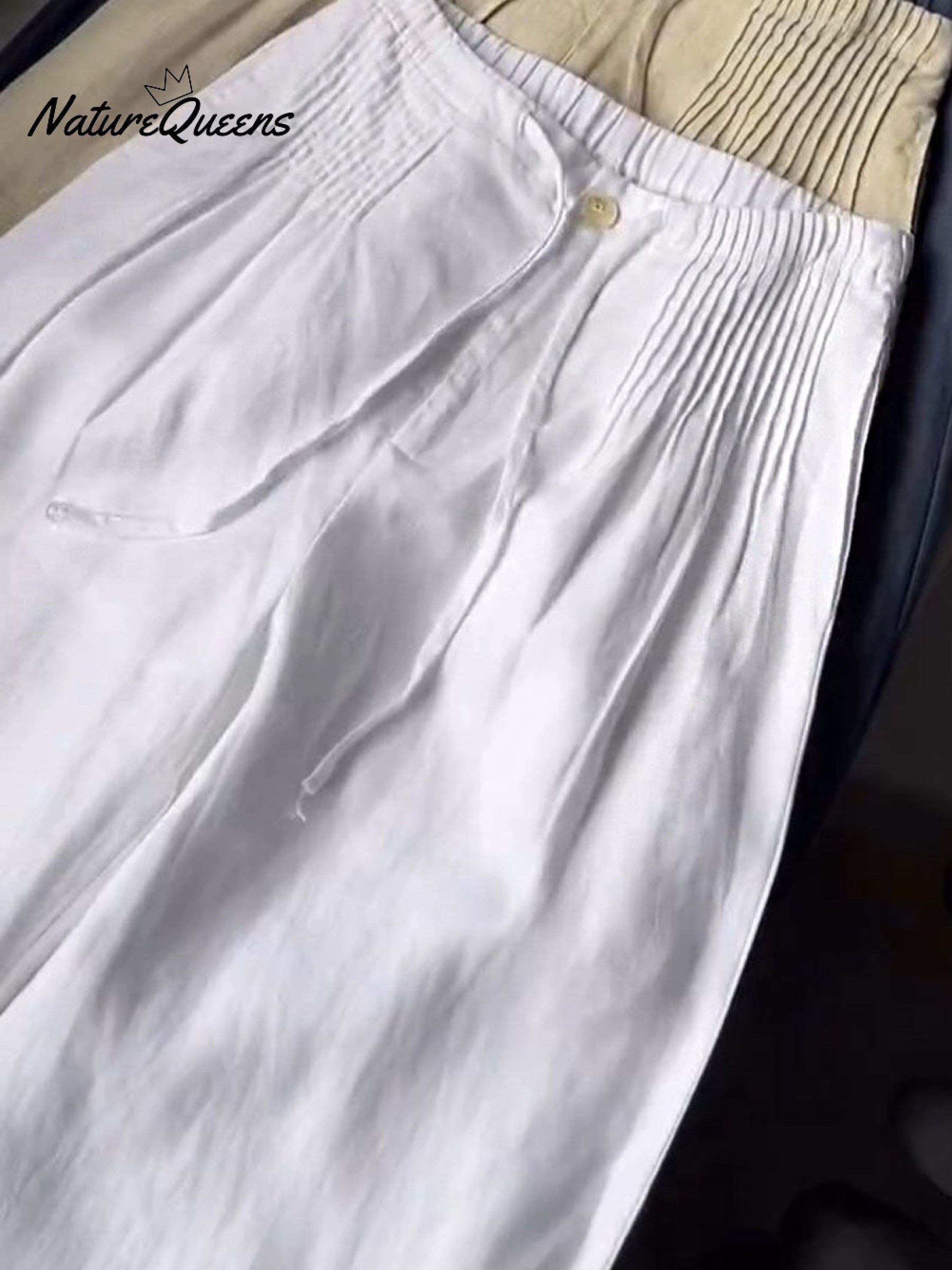 🔥Limited time promotion Women's Solid Color Pleated Drawstring Casual Cotton and Linen Wide Leg Pants-blumpark