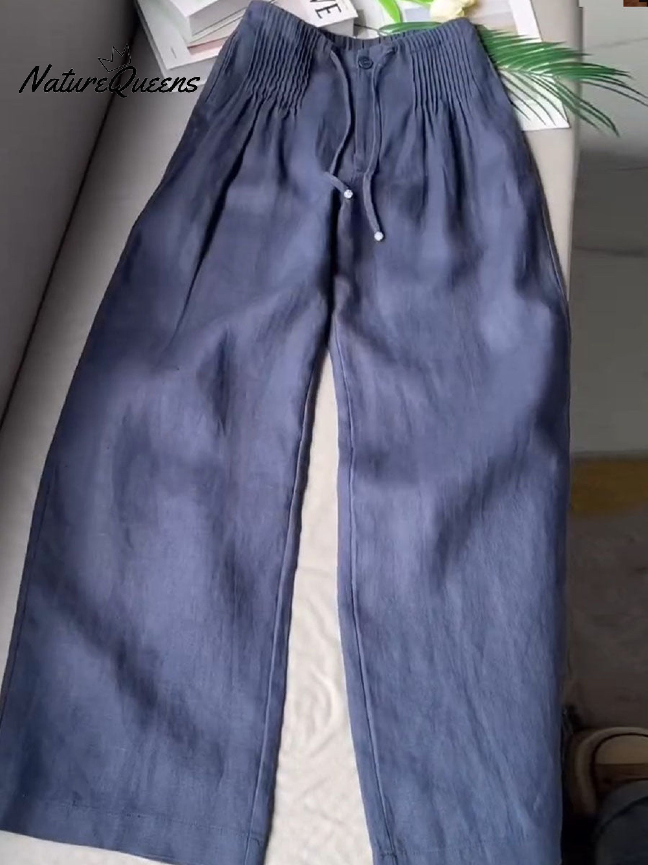🔥Limited time promotion Women's Solid Color Pleated Drawstring Casual Cotton and Linen Wide Leg Pants-blumpark