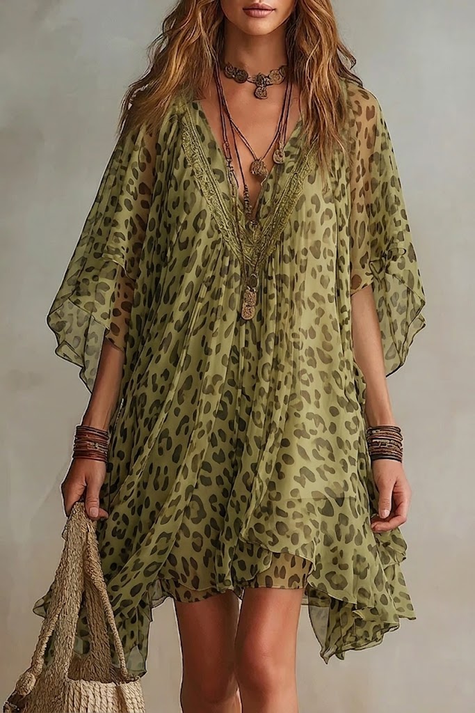 Loose-fitting, Flowy V-neck Leopard Print Chiffon Dress-blumpark