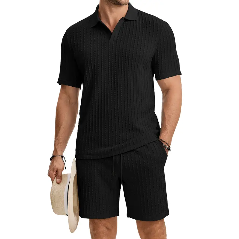 Men 2 Piece Jacquard Knit Lounge Sets Short Sleeve Polo Shirt and Shorts Sets Summer Outfits with Pockets-blumpark