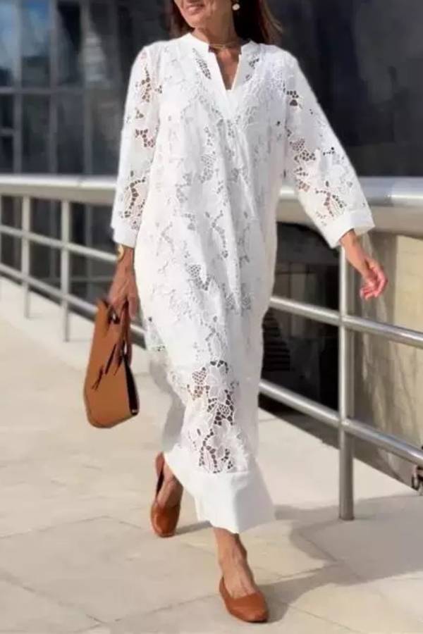 Lace V-neck Loose Maxi Dress-blumpark