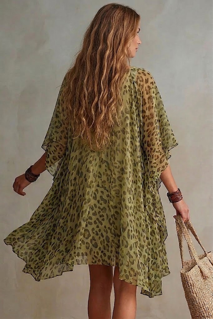 Loose-fitting, Flowy V-neck Leopard Print Chiffon Dress-blumpark