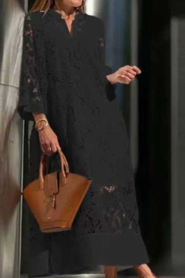 Lace V-neck Loose Maxi Dress-blumpark