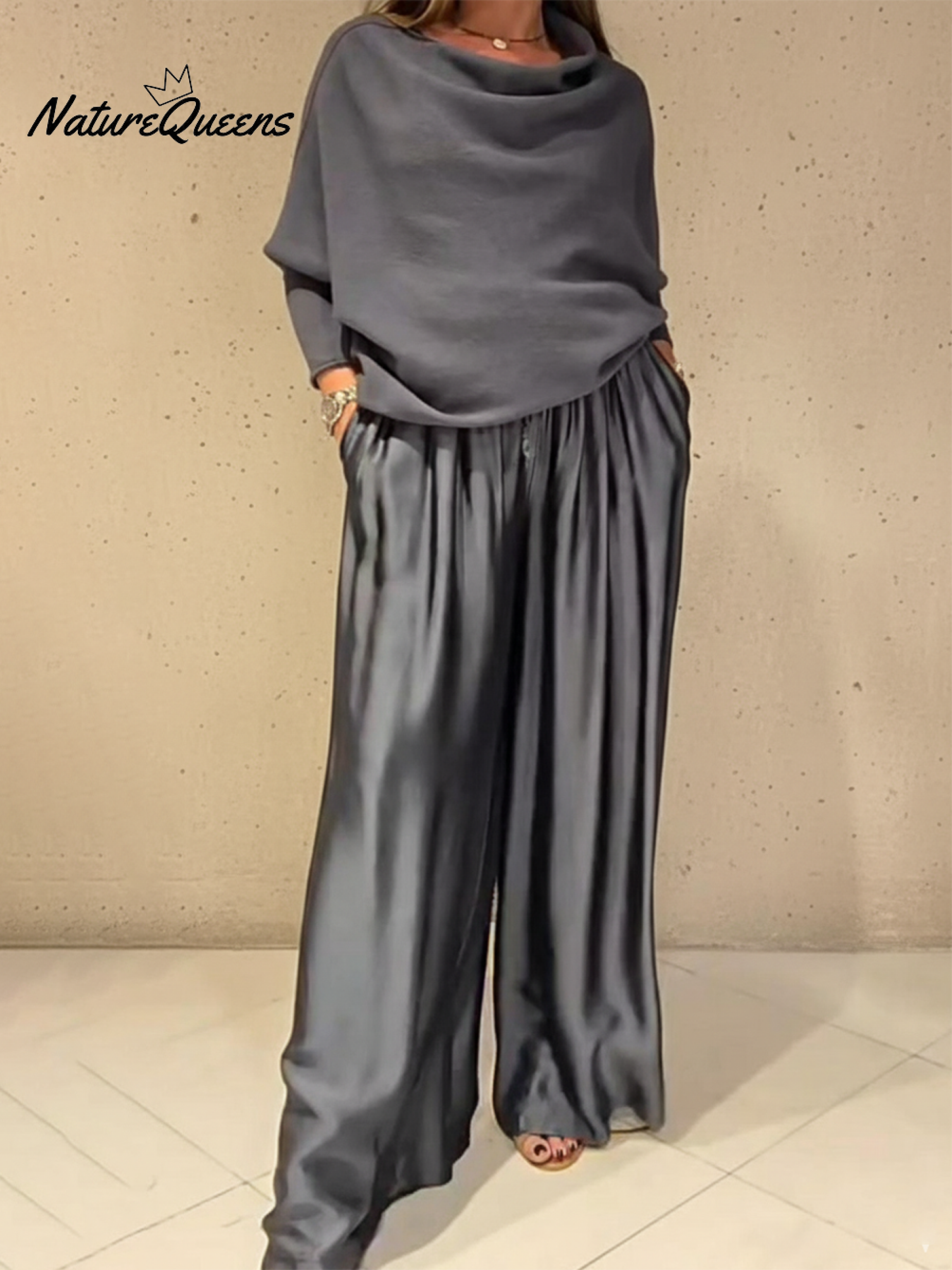 Elegant Off-shoulder Sweater and Satin Wide-leg Pants Two-piece Suit-blumpark