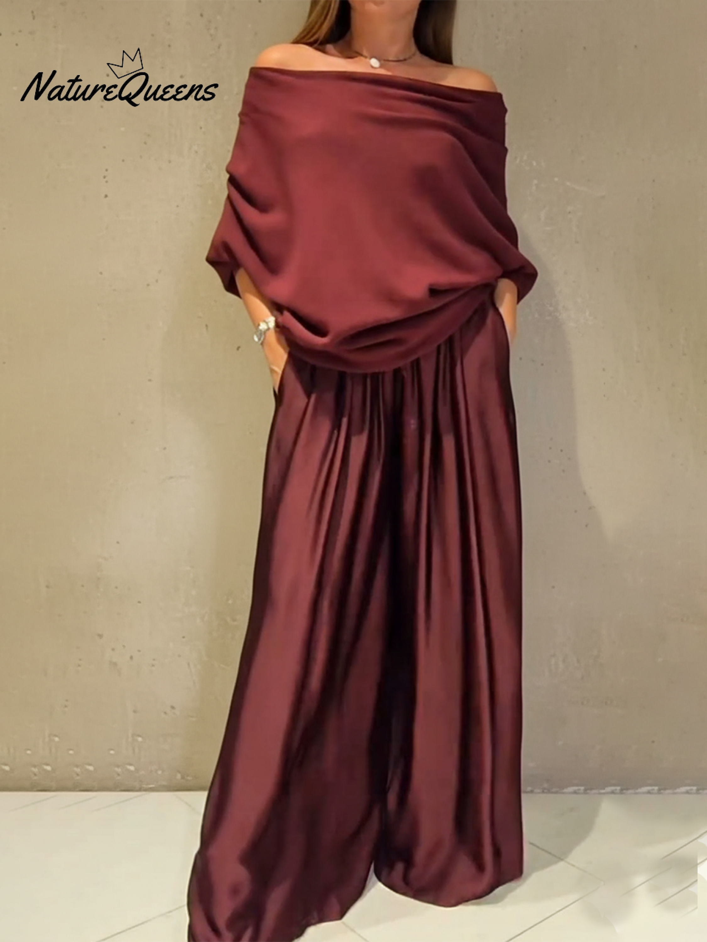 Elegant Off-shoulder Sweater and Satin Wide-leg Pants Two-piece Suit-blumpark