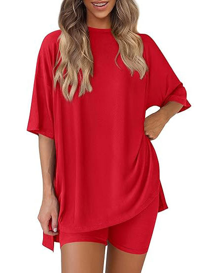 Casual 2-Piece Loungewear Set Oversized Split Hem Top & Fitted Shorts-blumpark