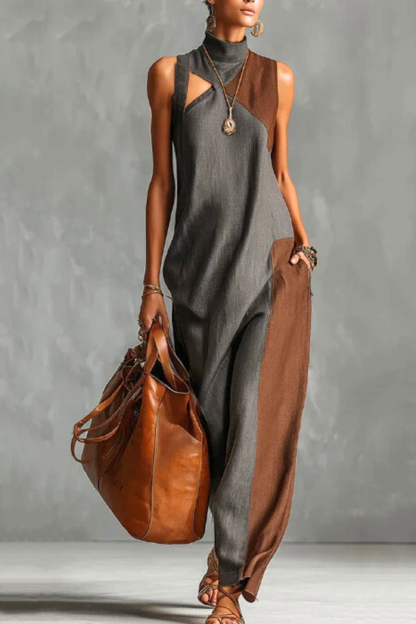 Stylish Color-blocked High-neck Sleeveless Casual Pocket Maxi Dress-blumpark