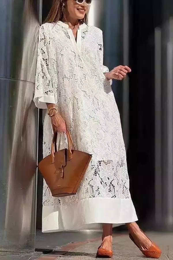 Lace V-neck Loose Maxi Dress-blumpark