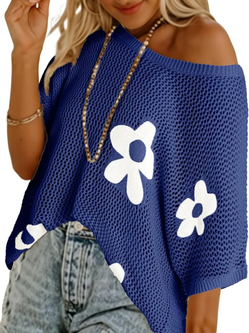 FLORAL CROCHET KNIT OPEN-WEAVE PULLOVER TOP + 50% OFF-blumpark