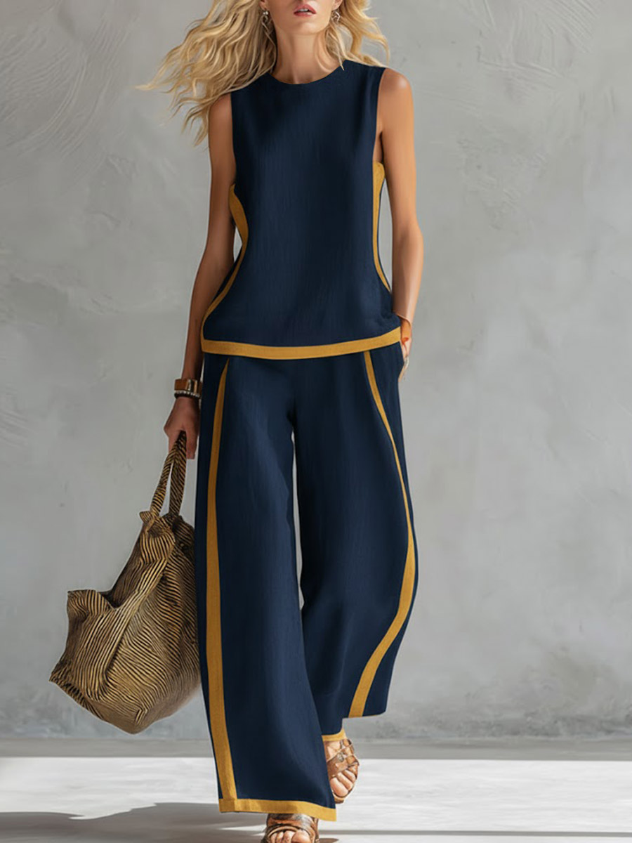 Women's Round Neck Sleeveless Casual Loose Top And High-waisted Loose Wide-leg Pants Cotton And Linen Set.-blumpark