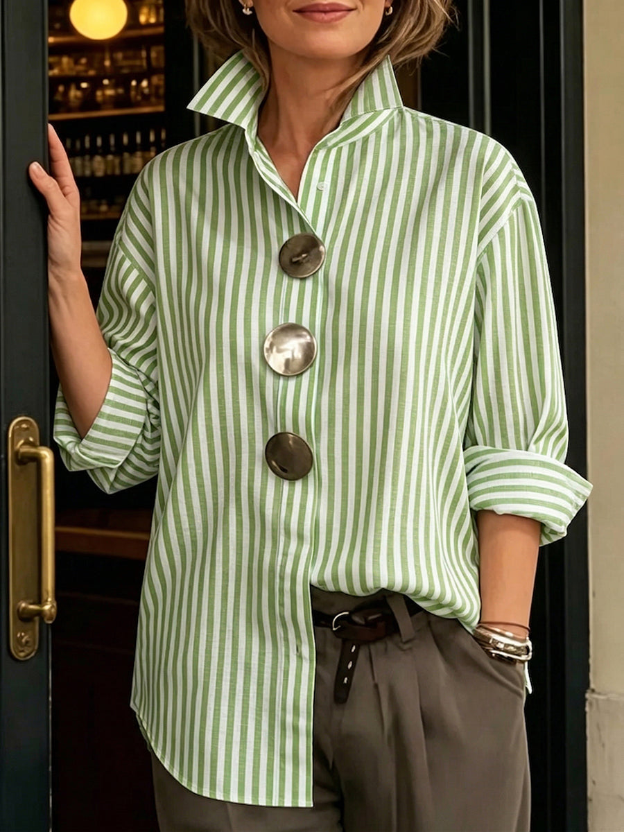 Stylish Stand-collar Metal Buttons Striped Cotton Shirt-blumpark