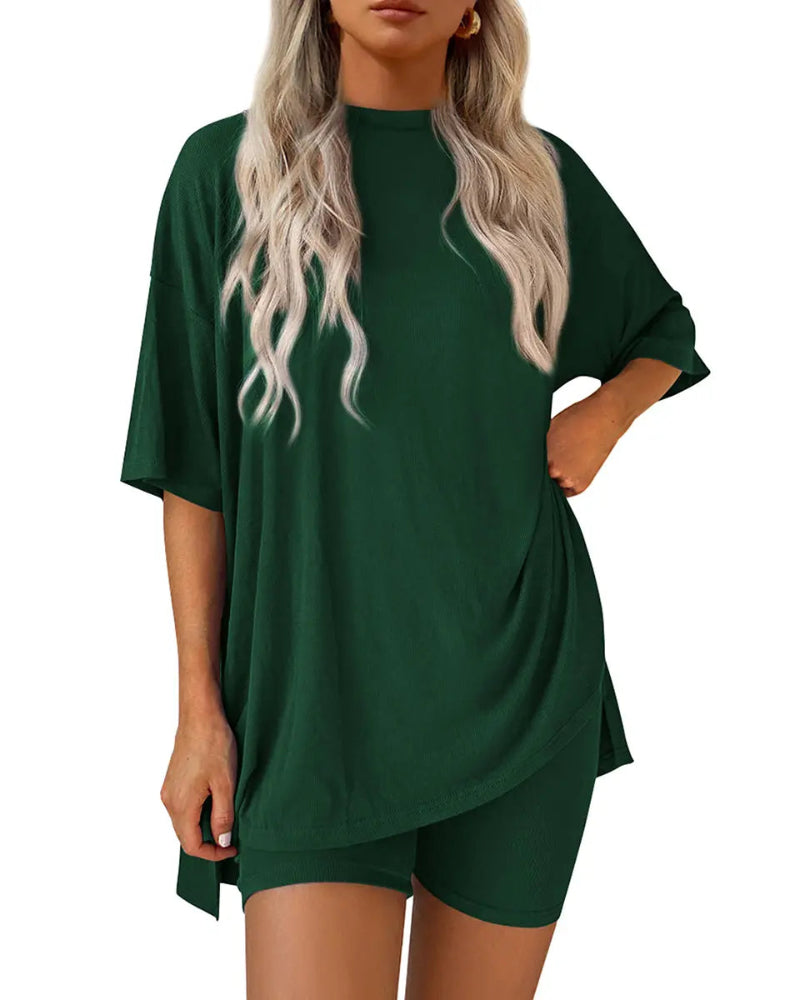 Casual 2-Piece Loungewear Set Oversized Split Hem Top & Fitted Shorts-blumpark