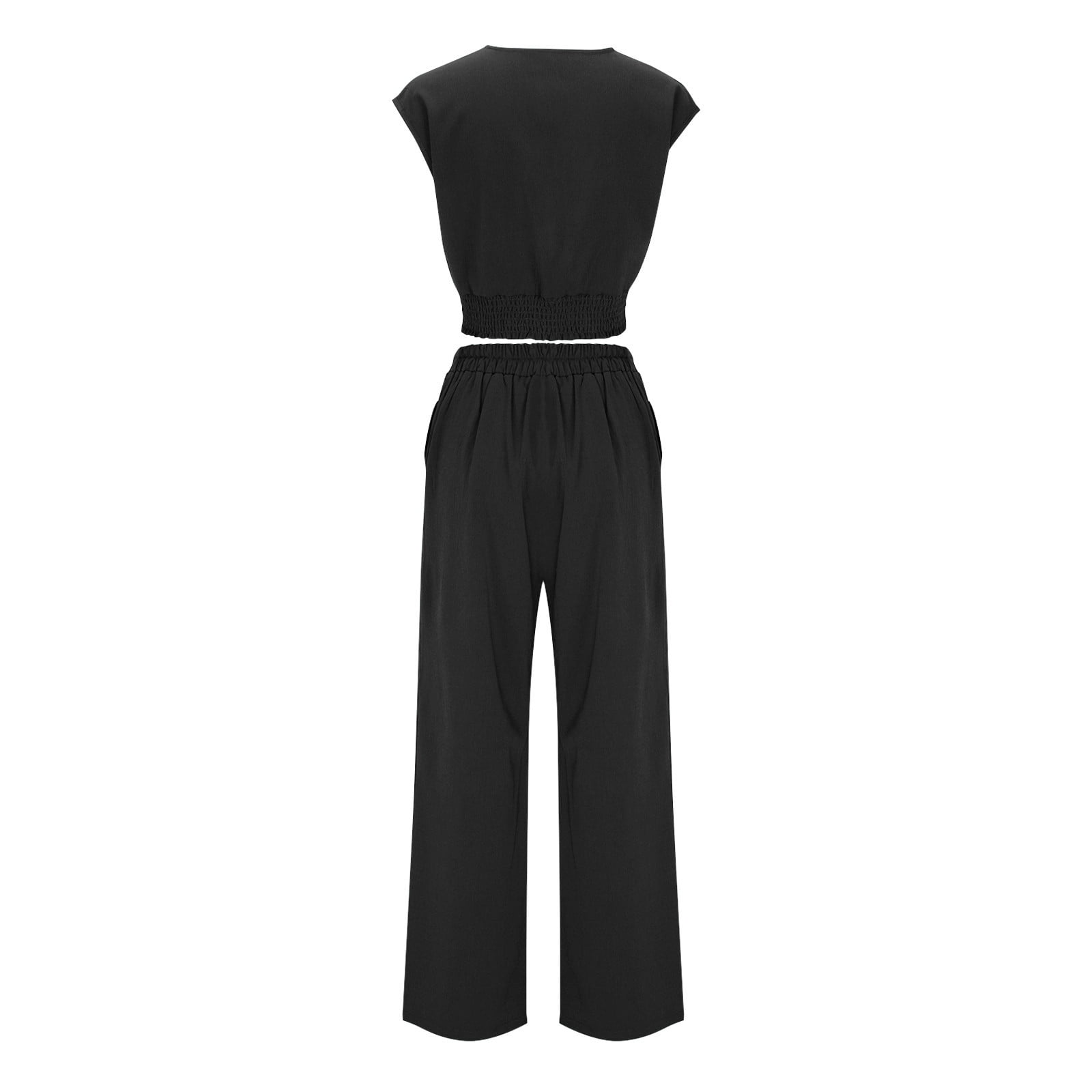 Flattering Plus Size 2-Piece Set – Lace-Up Crop Top & Wide Leg Pants-blumpark
