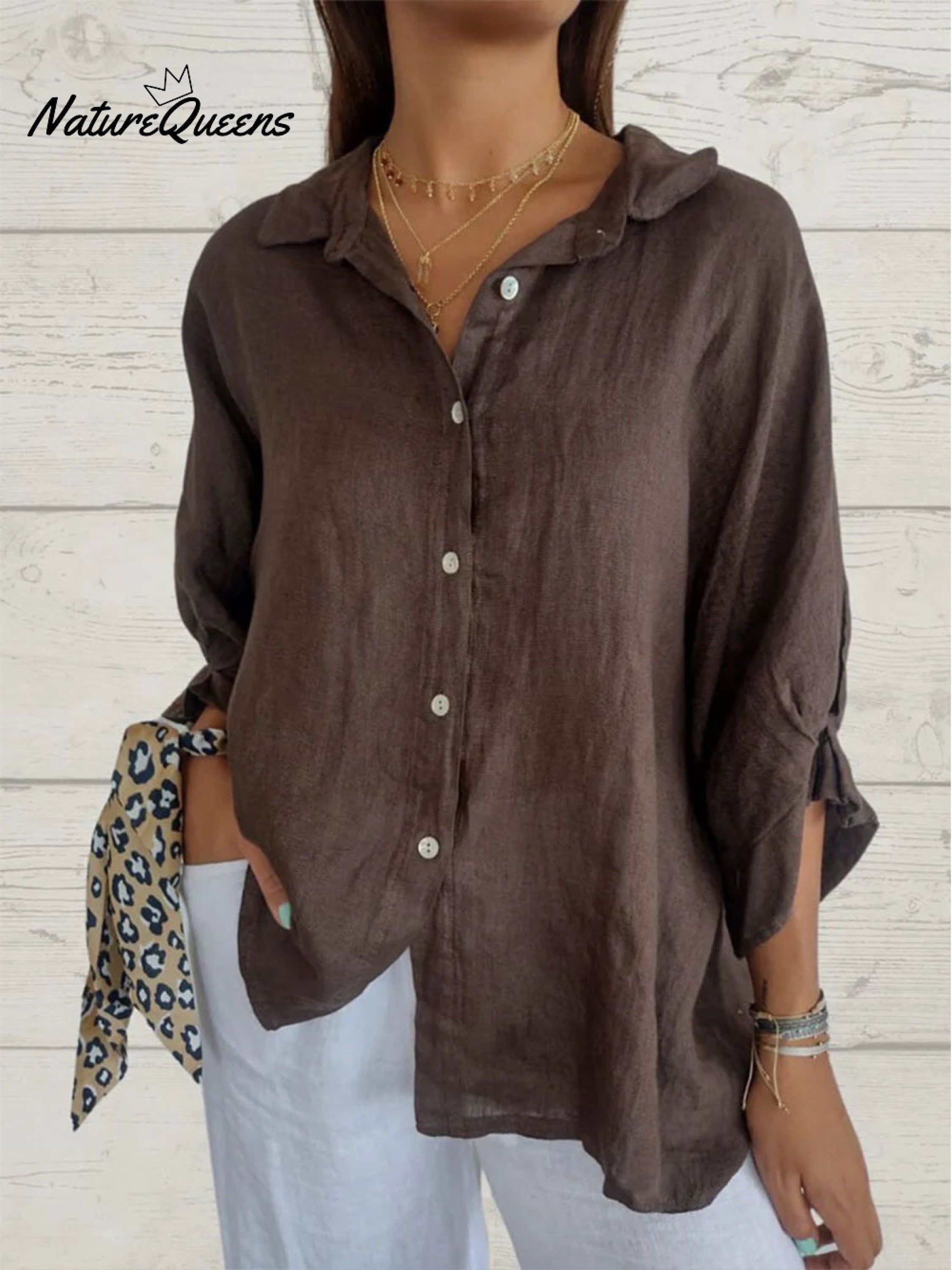 Women's  Cotton & Linen  Casual Tie-back  Shirt-blumpark